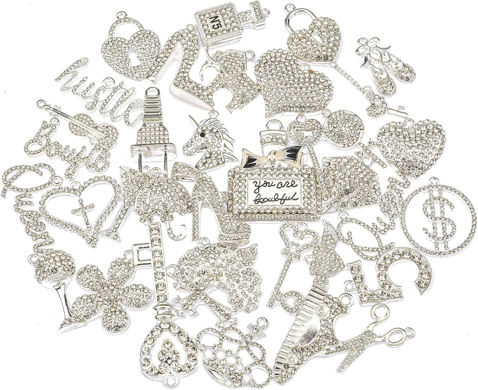 EllyBling Bling Rhinestone Charms Fashion Alloy Charm Set for Jewelry Making Accessories DIY, 35 PCS