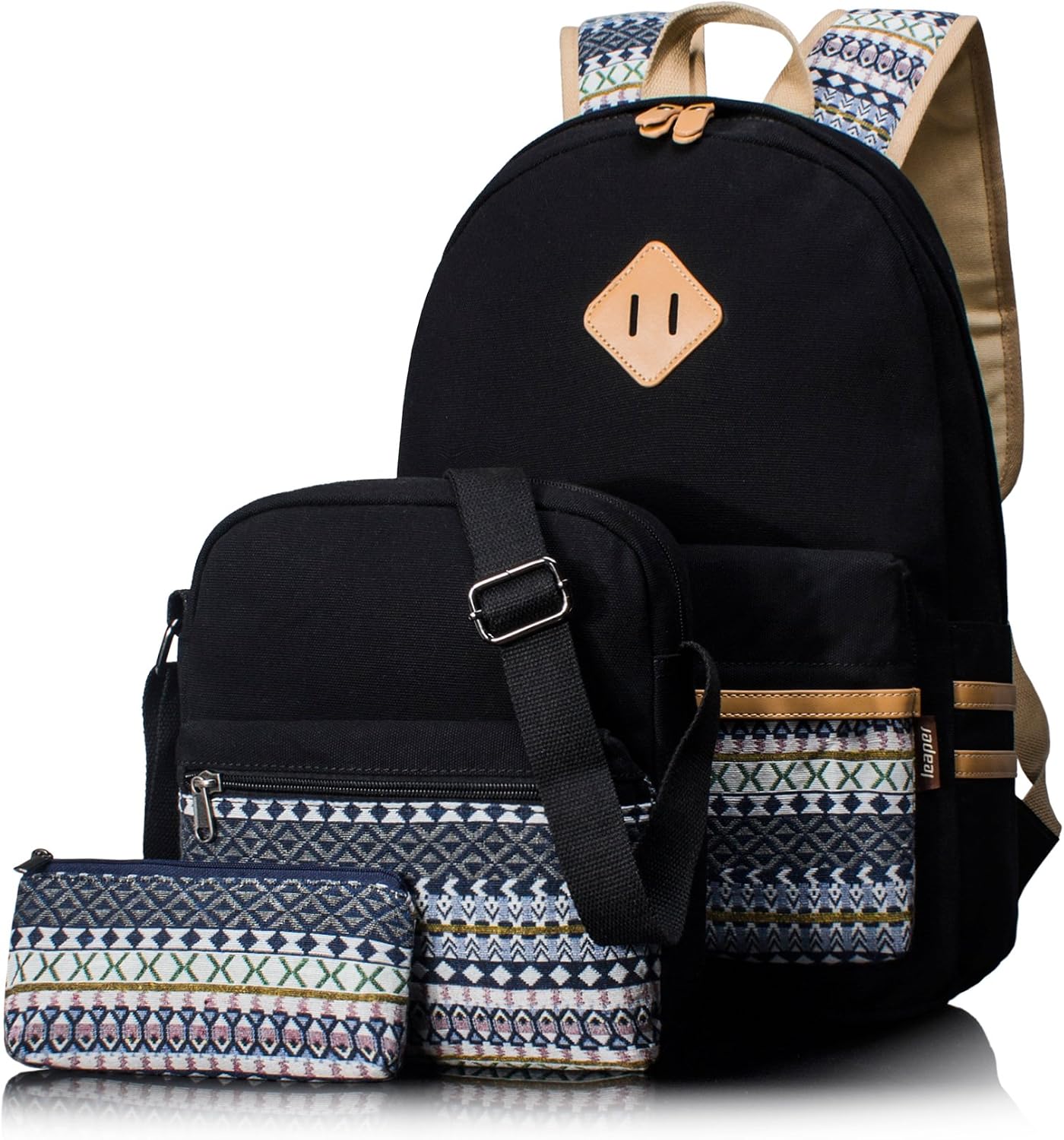 Leaper Casual Canvas Backpack Shoulder Bag Pencil Bag Purse 3PCS Black
