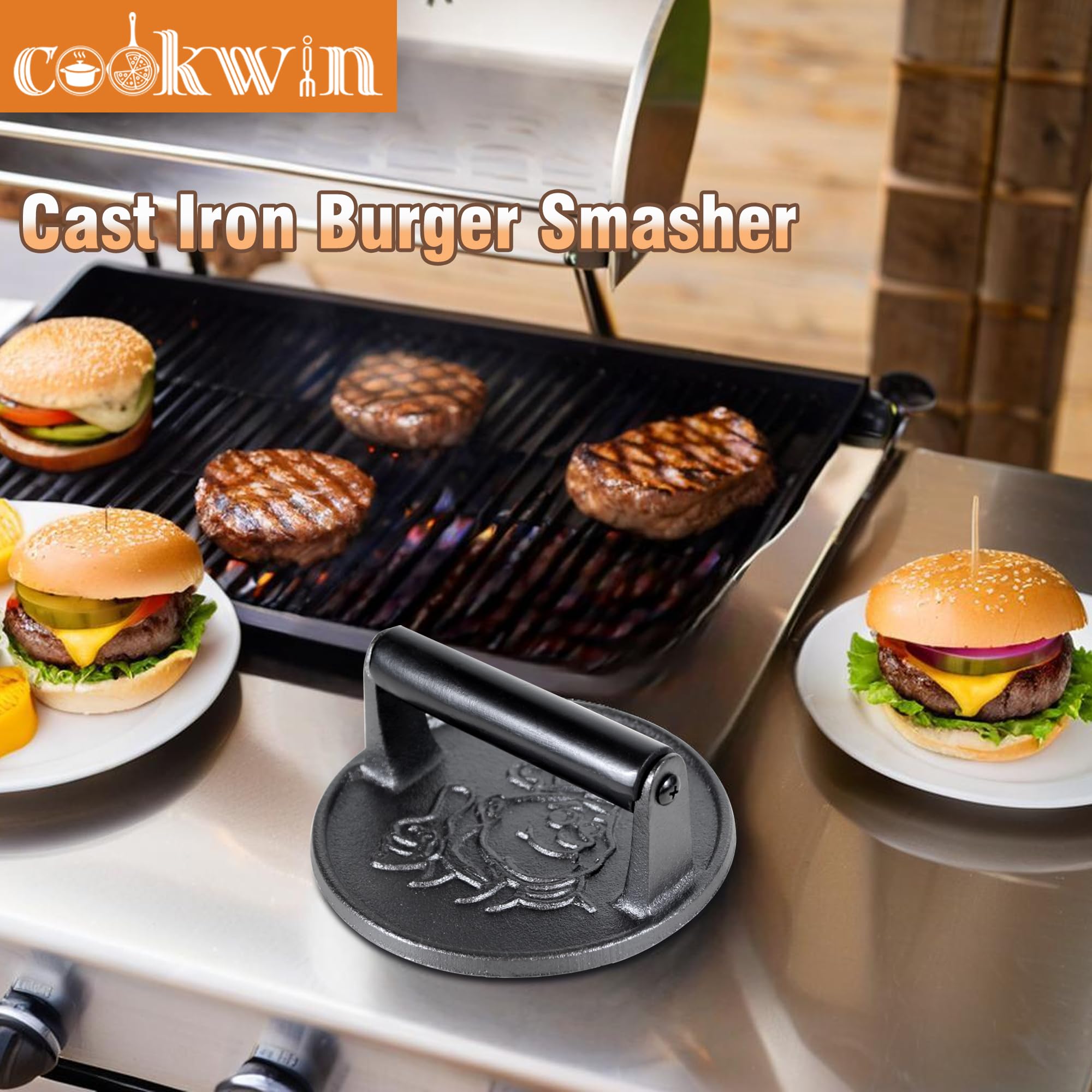 Wildone Cast Iron Burger Press Set - 4-Piece Grill Press For Burgers, Bacon, Steaks & Sandwiches