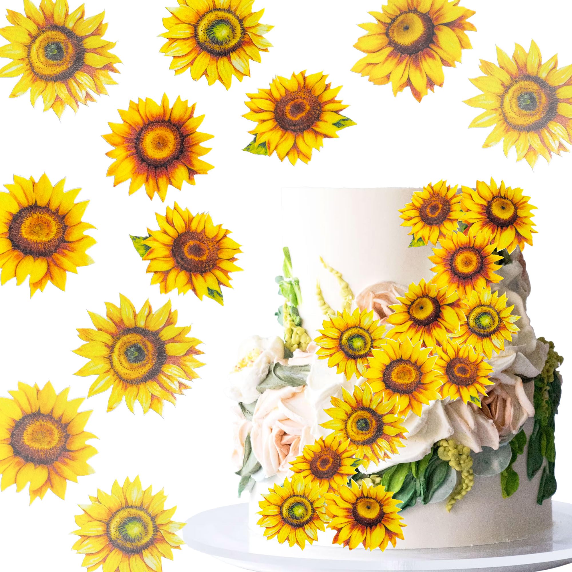 Ephlyn 56Pcs Edible Sunflower Cupcake Toppers Edible Flowers Cake Decorations Edible Paper Sunflower Party Decorations for Baby Shower Sunflower Birthday Party Cake Toppers Food Decorations Supplies