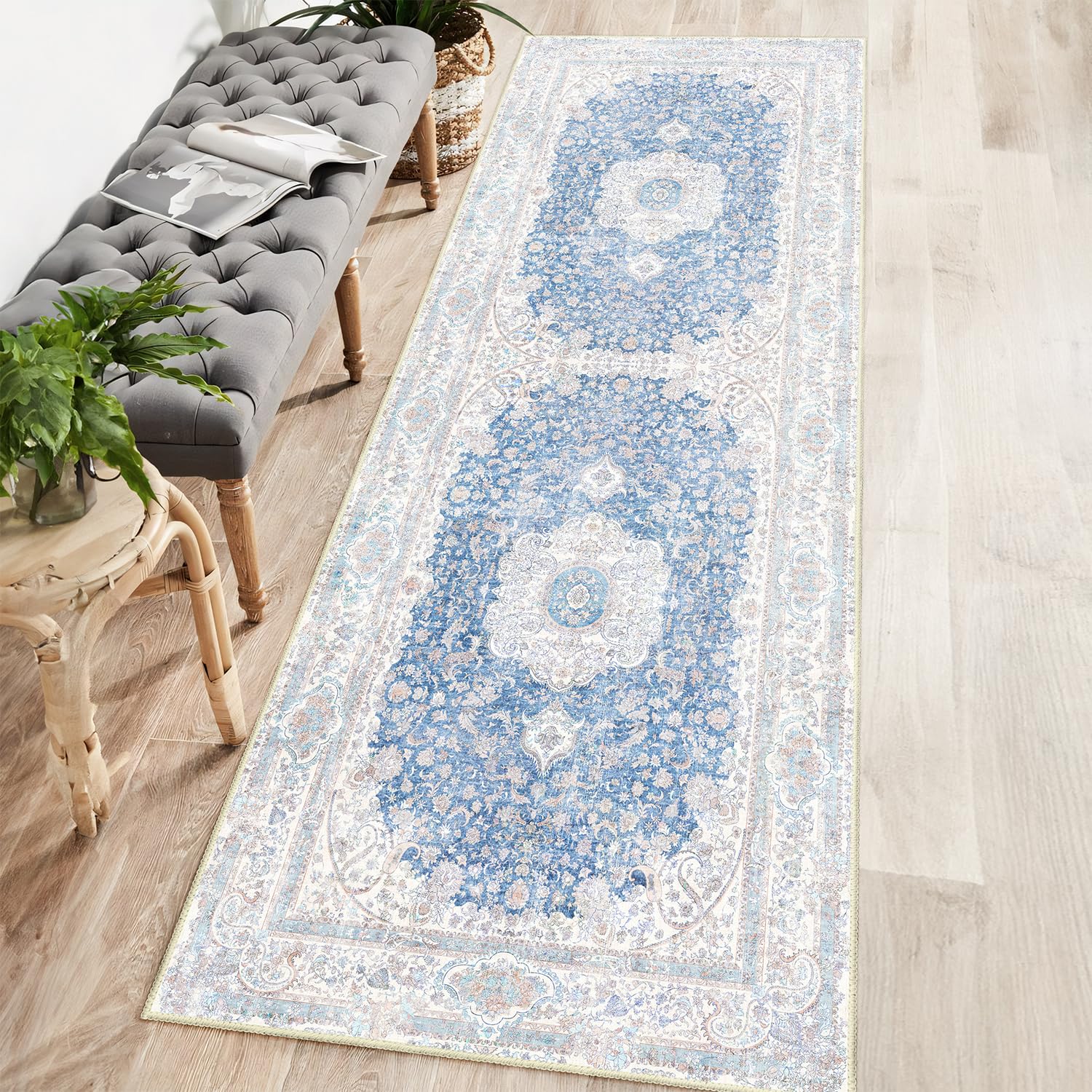 Castage Washable Runner Rug 2x6,Blue Rug Runners Non Slip,Long Boho Rugs for Hallways Kitchen Bedroom Entryway Living Room Bathroom,Vintage Bohemian Distressed Floor Carpet,Floral