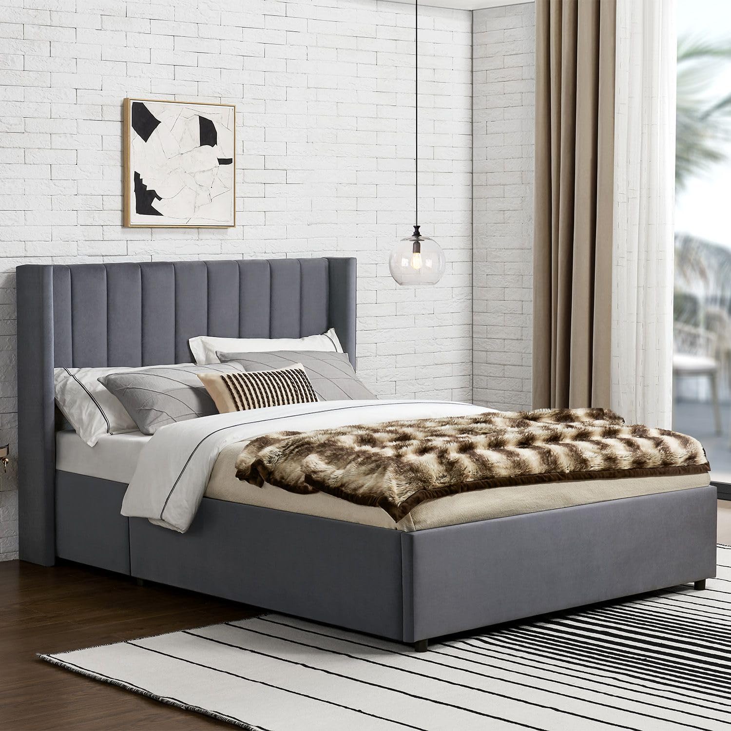 Juskys letto imbottito Savona 120x200 cm, letto con contenitore, rete a doghe, rivestimento in velluto, struttura in legno, fino a 250 kg, testiera grande, grigio scuro