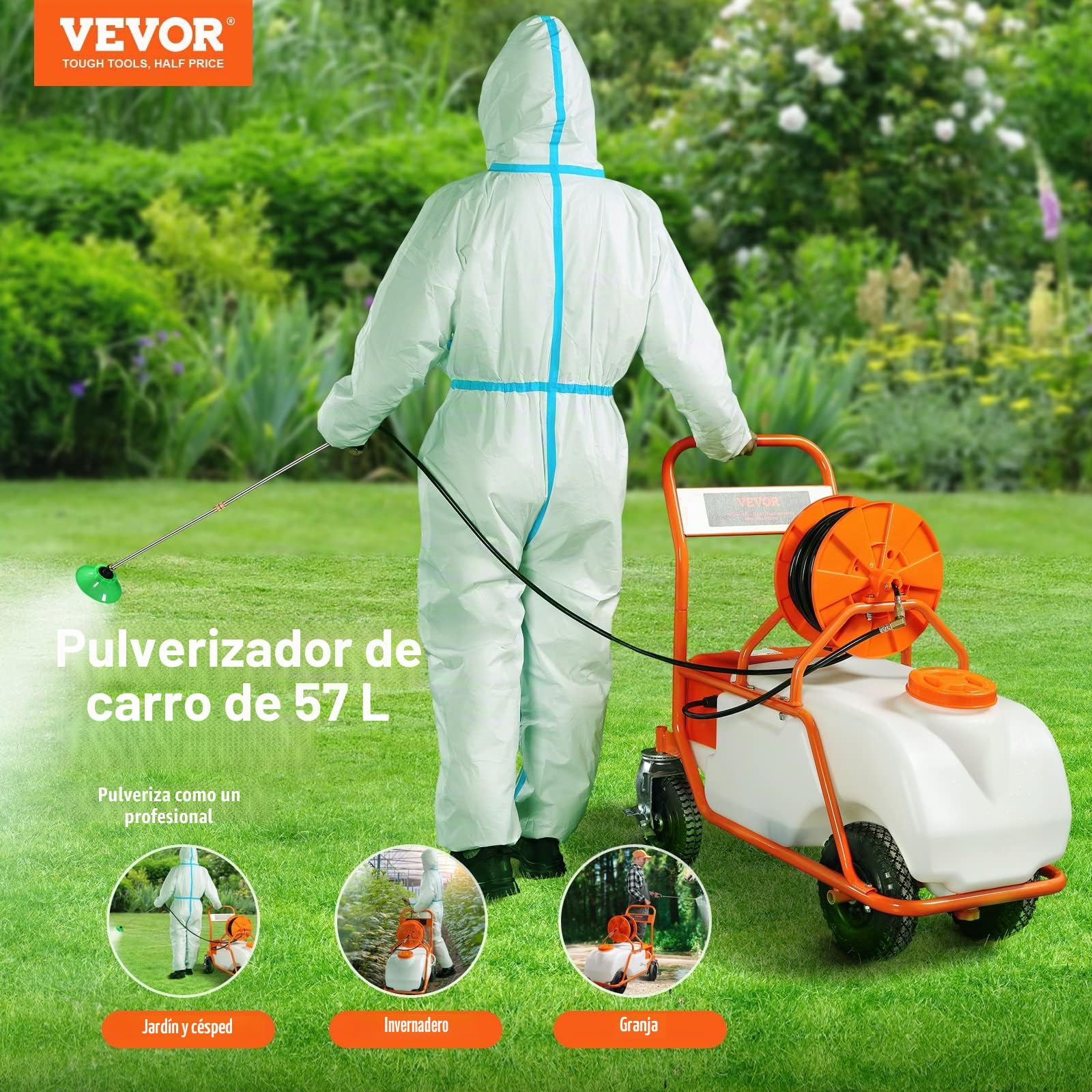 VEVOR Pulverizador de Césped con Ruedas, Presión Ajustable 0-90 PSI, Pulverizador con Tanque de 60 L con 8 Boquillas, 2 Varitas, Tapa de Boca Ancha para Jardín, Desmalezado, Pulverización