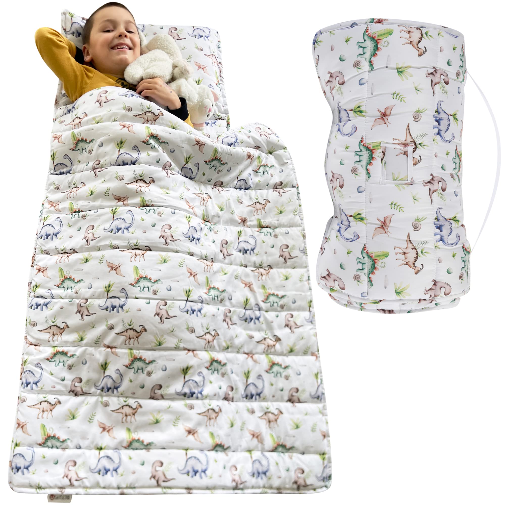 Toddler Nap Mat with Removable Pillow, Wide Blanket. Extra Soft, Long 55 * 21" Rolled Toddler Sleeping Bag. Kids Nap Mat for Preschool. Slumber Kindermat for Daycare, Sleepover, Travel