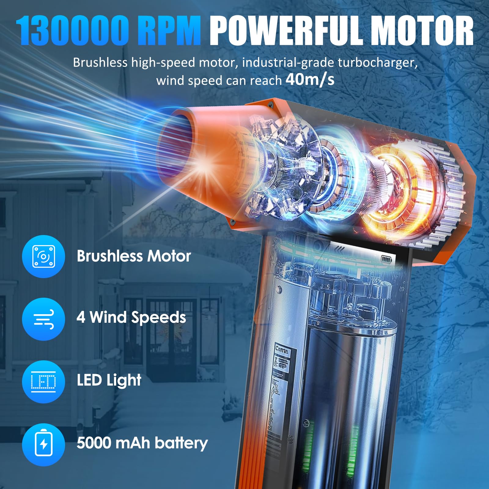 Souffleur Air Comprimé et Aspirateur, Bombe Air Sec Souffleur PC | 130000 RPM, Dépoussiérants Puissants électrique 4 Vitesses avec Lumière LED, Mini Souffleur pour Nettoyage PC/Voiture/Maison