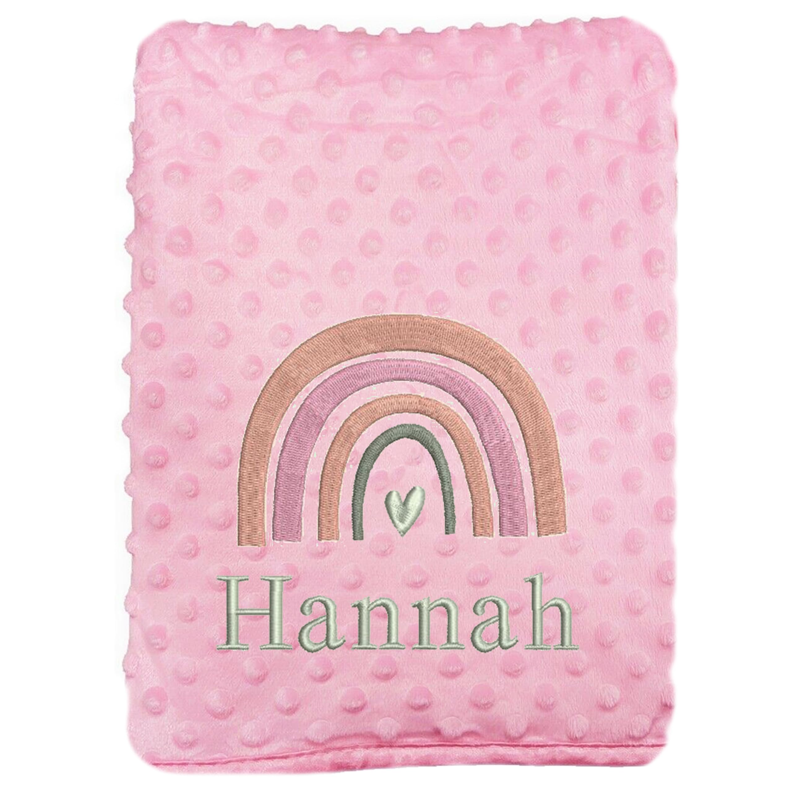 Personalised Baby Blanket Embroidered Rainbow and any Personalized Name Boys Girls Nursery (Pink Bobble)