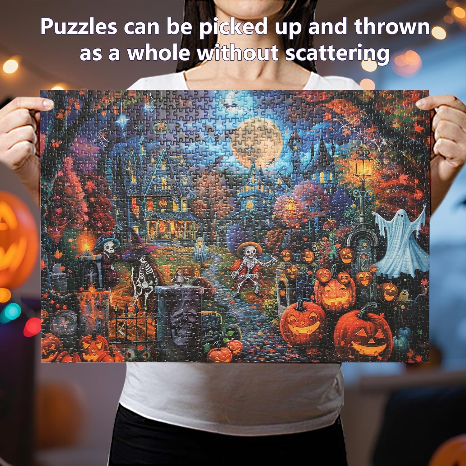 Halloween Jigsaw Puzzles 1000 Pieces Horror Puzzle for Adults Spooky Scary Ghost Skeleton Featuring Holiday Witchy Haunted House Pumpkin Skeleton Grave Artwork Puzzle