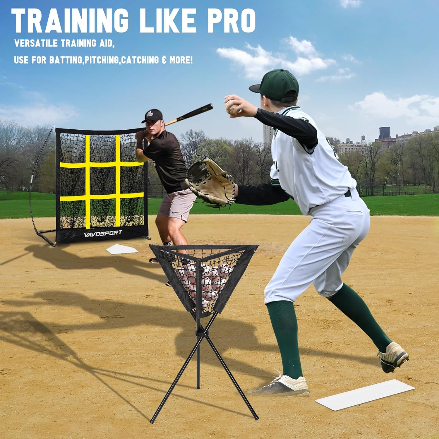 9-Square Pitching Target Net Set - Softball & Baseball Net with Strike Zone, Ball Caddy, Softball Base Accessories, Adult & Youth Training Equipment