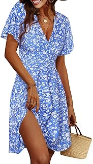 Cicy Bell Women's Floral Summer A-Line Midi Dress V Neck Wrap Short Sleeve Casual Beach Party Dresses