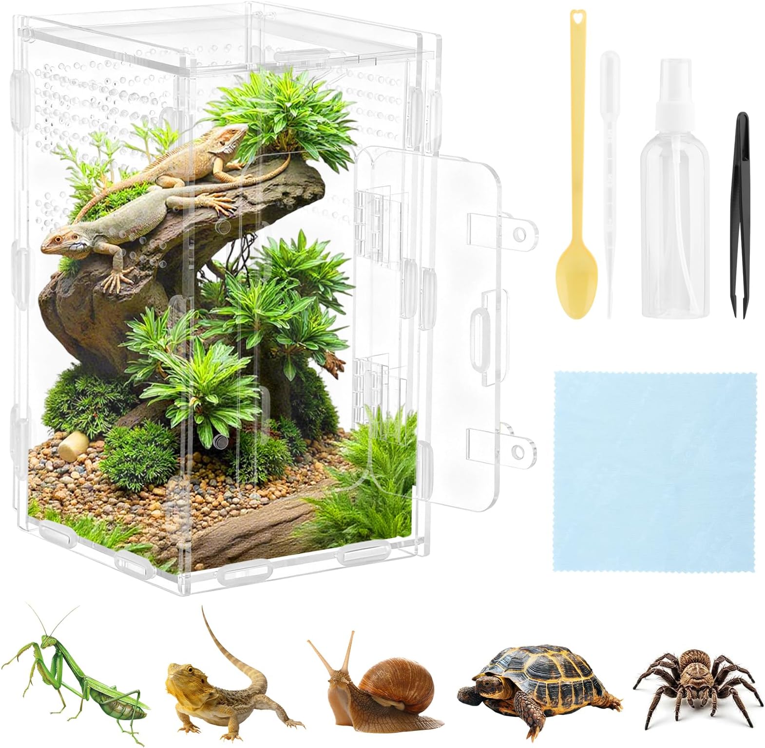 Jumping Spider Terrarium, Complete Acrylic Habitat Kit with Dual Doors, Feeding Tools for Spiders, Tarantulas, Mantis, Small Reptiles, 4.7x4.7x7.9 Inch