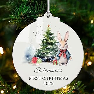 EDSG Personalised Baby\'s First Christmas Acrylic Ornaments - Round, Heart Shaped - Red and Green - Christmas Tree Decorations - Custom Name & Year - Ideal Xmas Gifts for Kids, Toddlers, New Babies