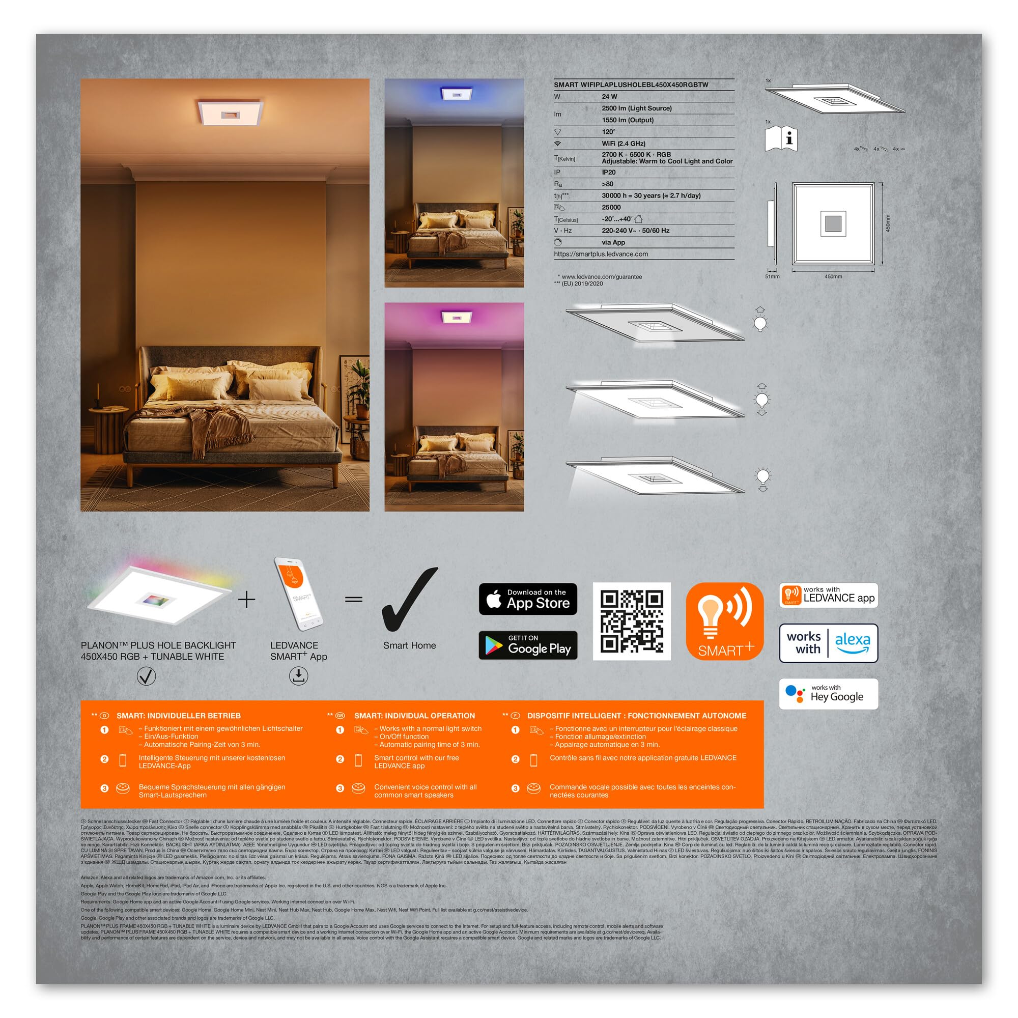 LEDVANCE SMART+ PLANON Hole pannello LED WiFi con foro, bianco, 24W, 2500lm, luce bianca regolabile 2700-6500K + retroilluminazione RGB, DIM, controllo da app, compatibile con Amazon, Google, ecc.