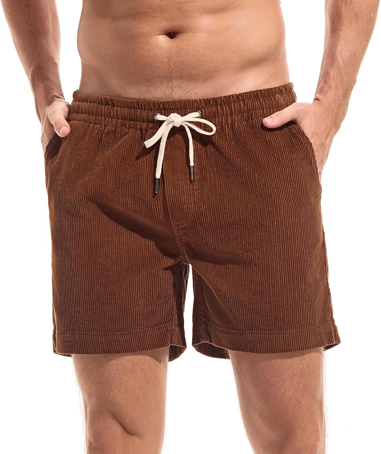 AMY COULEE Men's Cotton Corduroy Shorts, 5.5 Inch Elastic Waist Drawstring Vintage Casual Shorts with Pockets