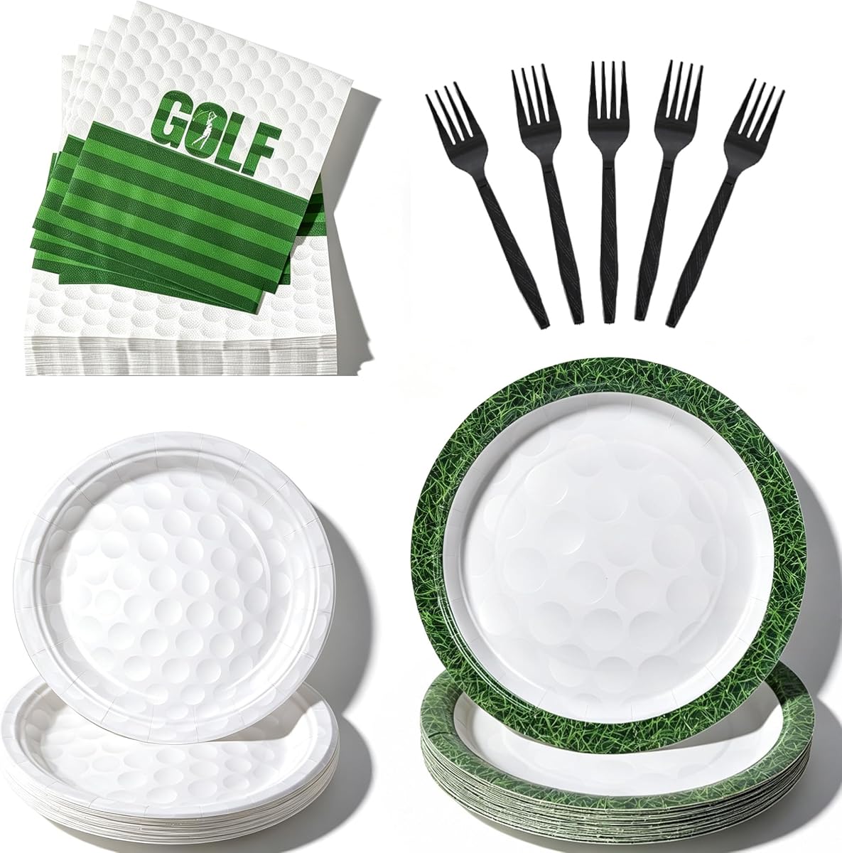 Juego de vajilla desechable para fiestas de golf de 100 piezas para 25 invitados | Platos de papel resistentes de 7 y 9 pulgadas, servilletas de 2 capas de 13 pulgadas y tenedores de plástico para suministros para el día del juego y la fiesta de cumpleaños