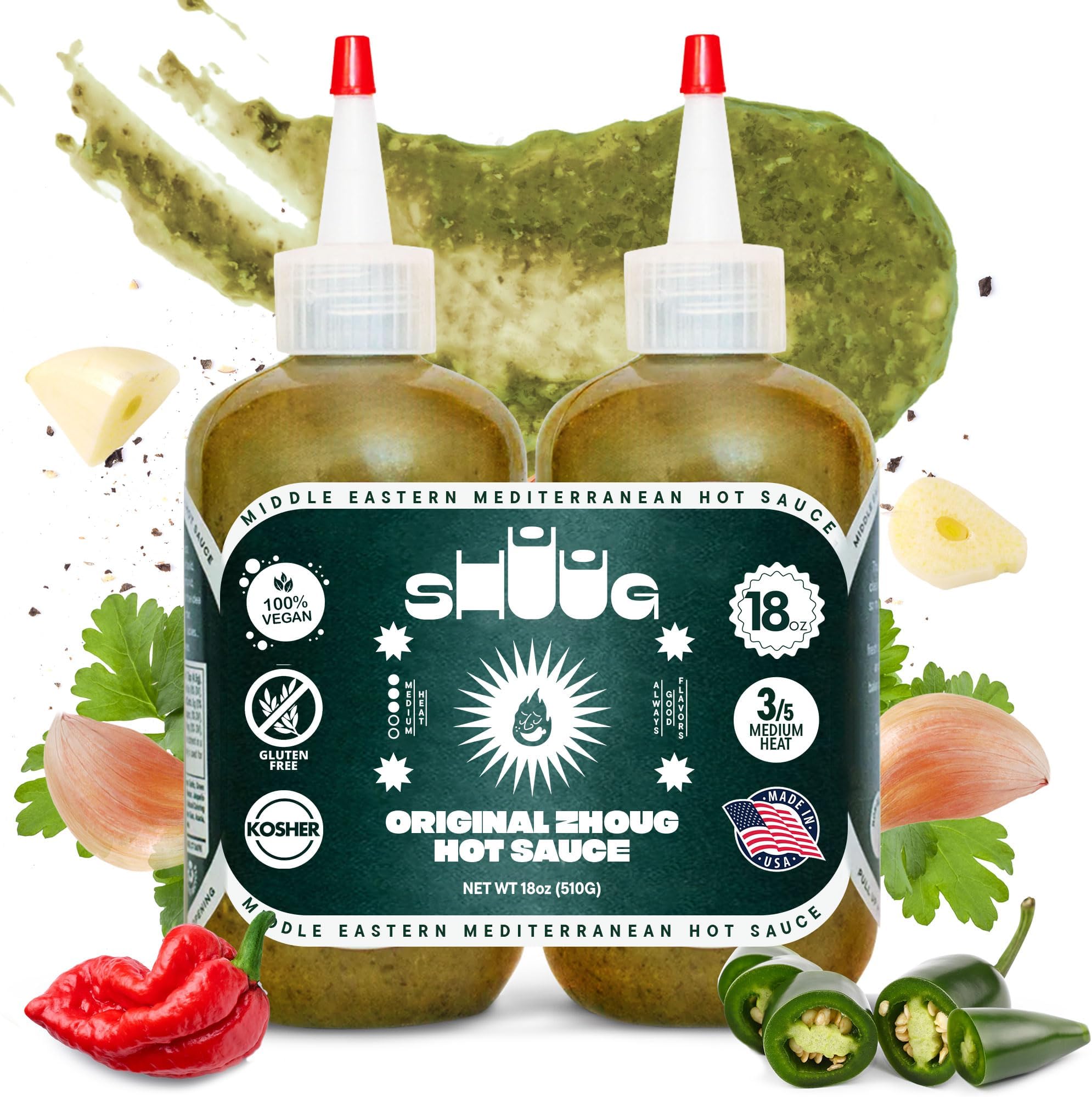 Middle Eastern Green Chili Sauce 18oz (Zhoug) | Spicy Sauce with Cilantro, Garlic, Jalapenos, Poblano, Scotch Bonnet Peppers, Olive Oil, Lemon, Chipotle | Vegan Chili, Non-GM, Kosher | Hot Sauces (2)