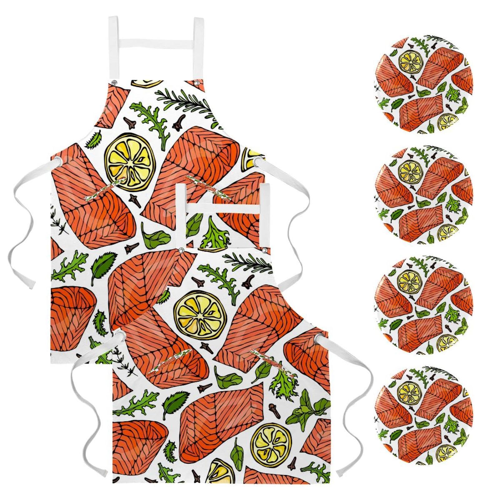 Tablier de cuisine saumon et citron de qualité | Lot de 2 élégants avec 4 broches