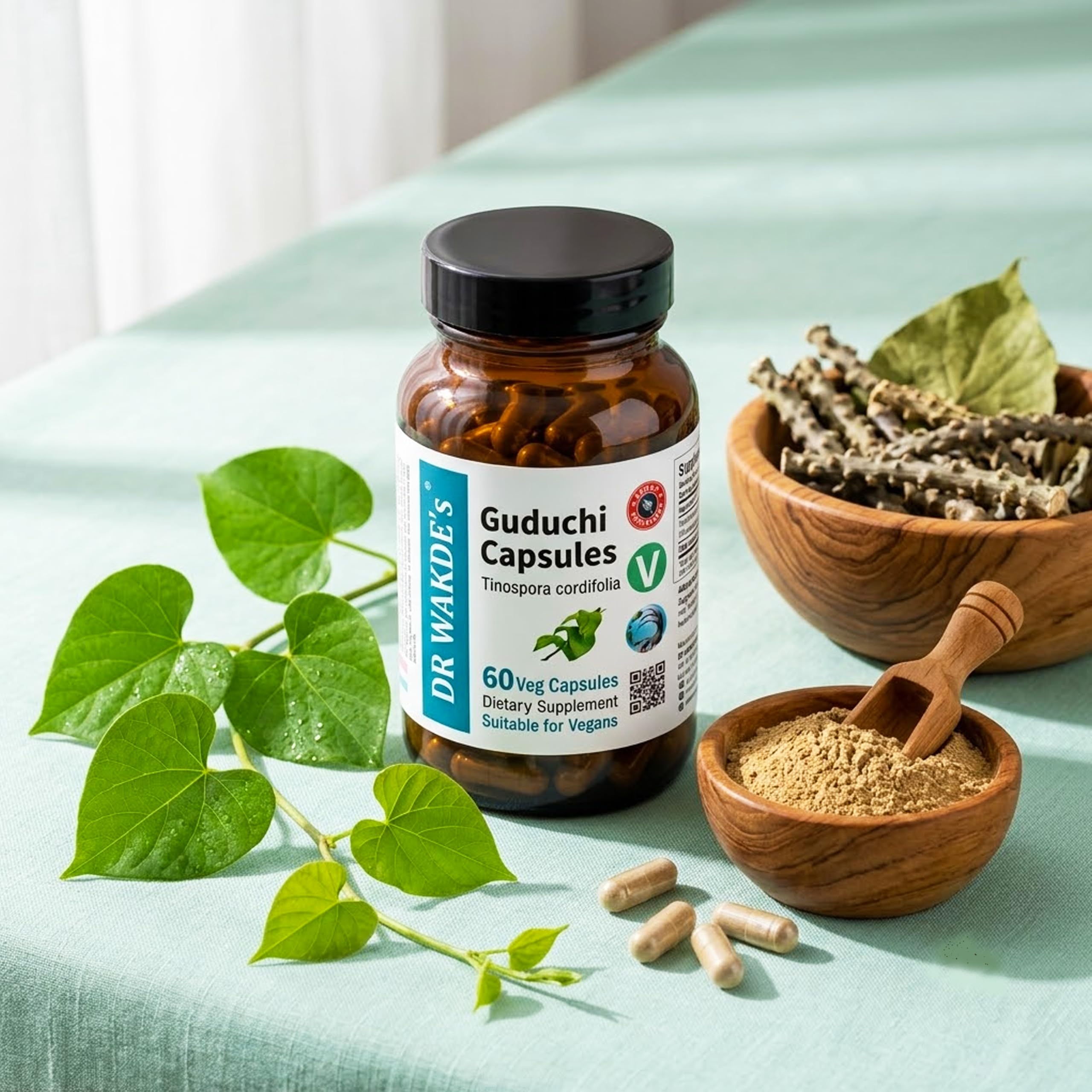 DR WAKDE'S Guduchi Kapseln – Giloy (Tinospora cordifolia) 500 mg | 60 Vegane Kapseln | Immunsystem & Wohlbefinden | 100% Reines Ayurvedisches Kräuterpulver | Ohne Zusatzstoffe | Vegan & Vegetarisch