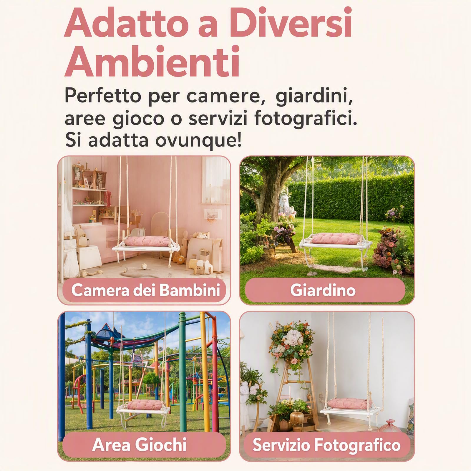 Poltrona sospesa con cuscino ispessito per bambini, altalena in legno rosa con supporto per interni ed esterni, asili, capacità di peso 50 kg