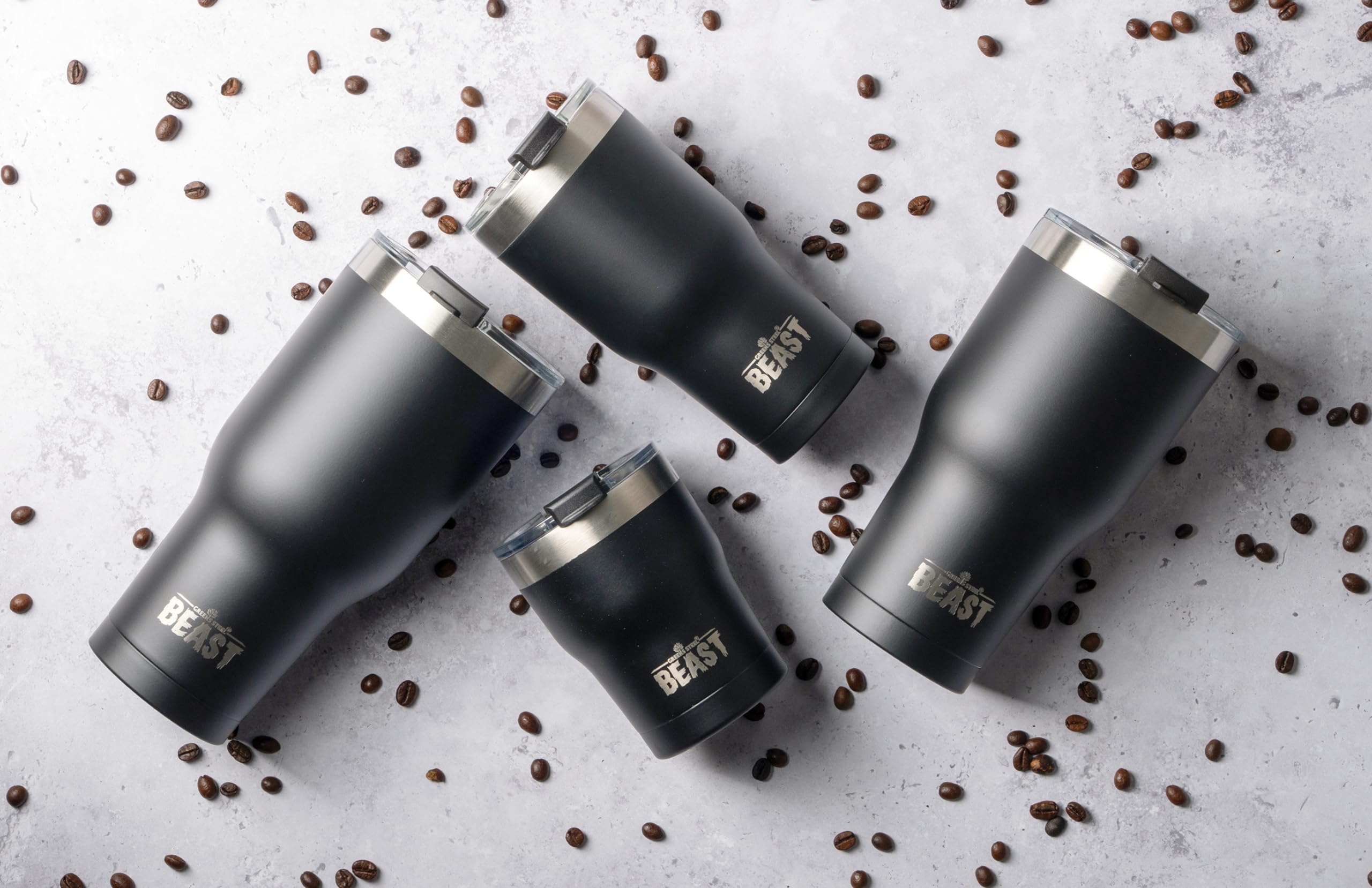 Greens Steel Beast Tumbler – 900 ml (30 oz), Negro Mate | Vaso de acero inoxidable reutilizable con aislamiento al vacío | con 2 pajitas y cepillo de limpieza | Termo de viaje de doble pared