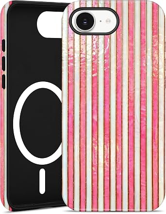 Compatible with MagSafe Striped Phone Case for iPhone 16e, Cute Magnetic Stained Glass Pink and White Aesthetic Stripes Soft Shockproof Protective Phone Cover for Women GirlsMatte