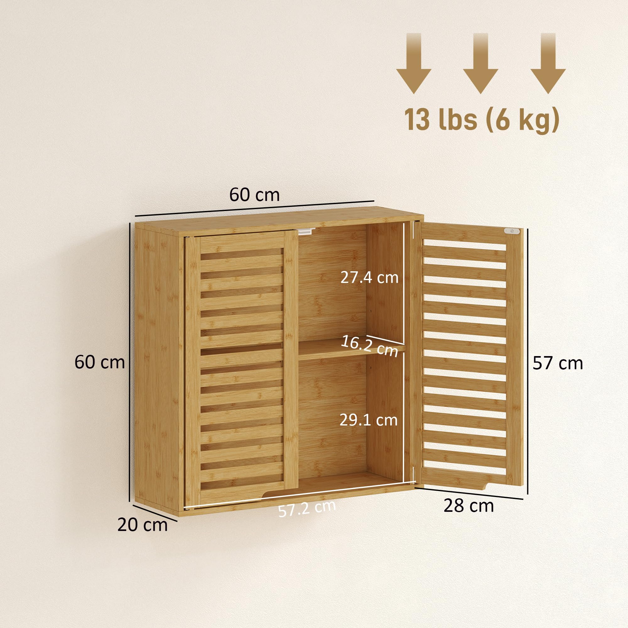HOMCOM Pensile Bagno con Ante a Persiana in Bambù, Mobiletto Bagno Sospeso con Ripiano Interno Regolabile, 60x20x60 cm, Color Legno