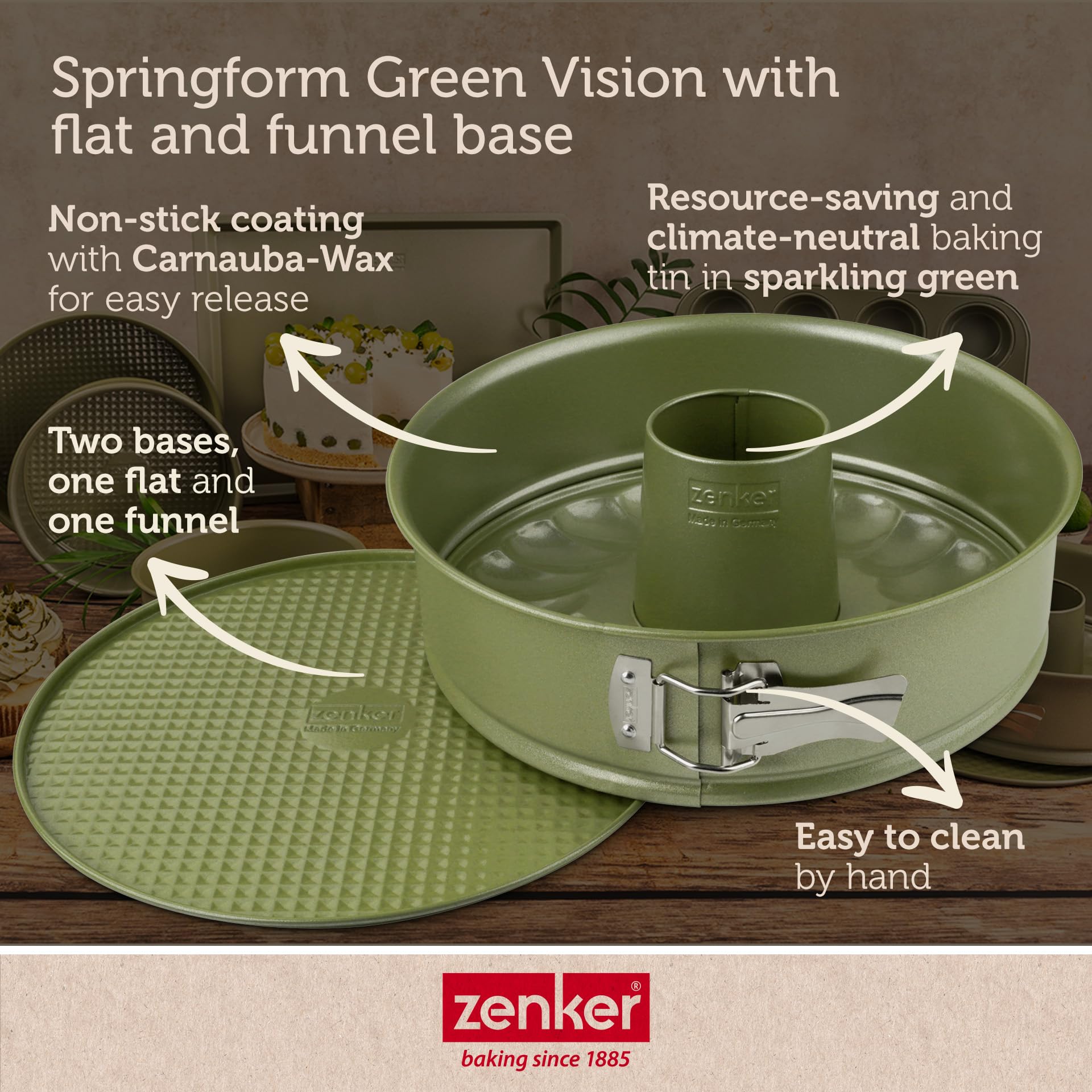 Zenker Springform Fluted Cake Tin Interchangeable Base 26cm Diameter, High Edge Tall Rim, Green Vision Series - Image 3
