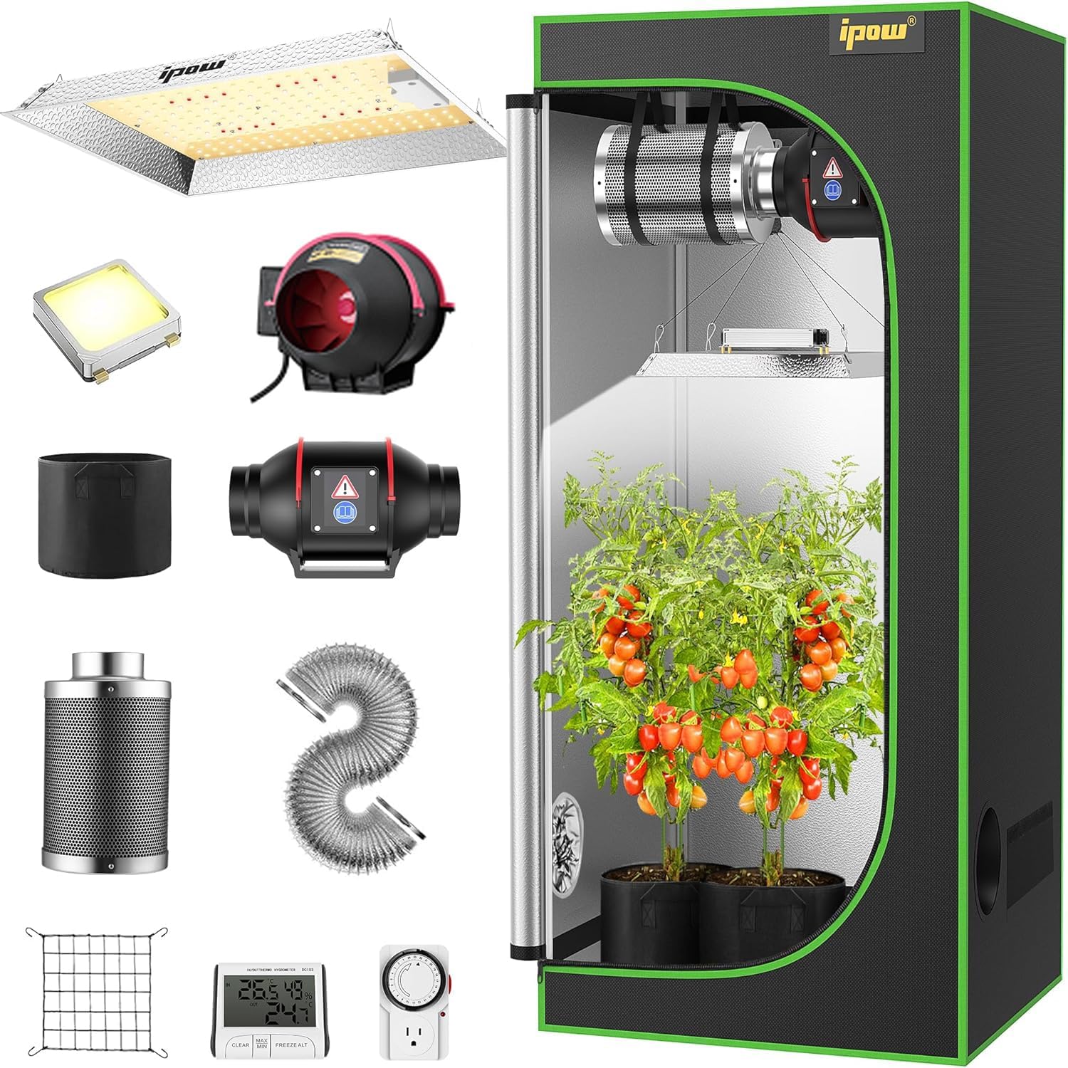 IPOW Grow Tent Kit Complete System 2x2 ft with VS1000 Led Grow Light, 4 Inch 190CFM Inline Fan, Carbon Filter and 8ft Ducting Combo, 24" x 24" x 55"