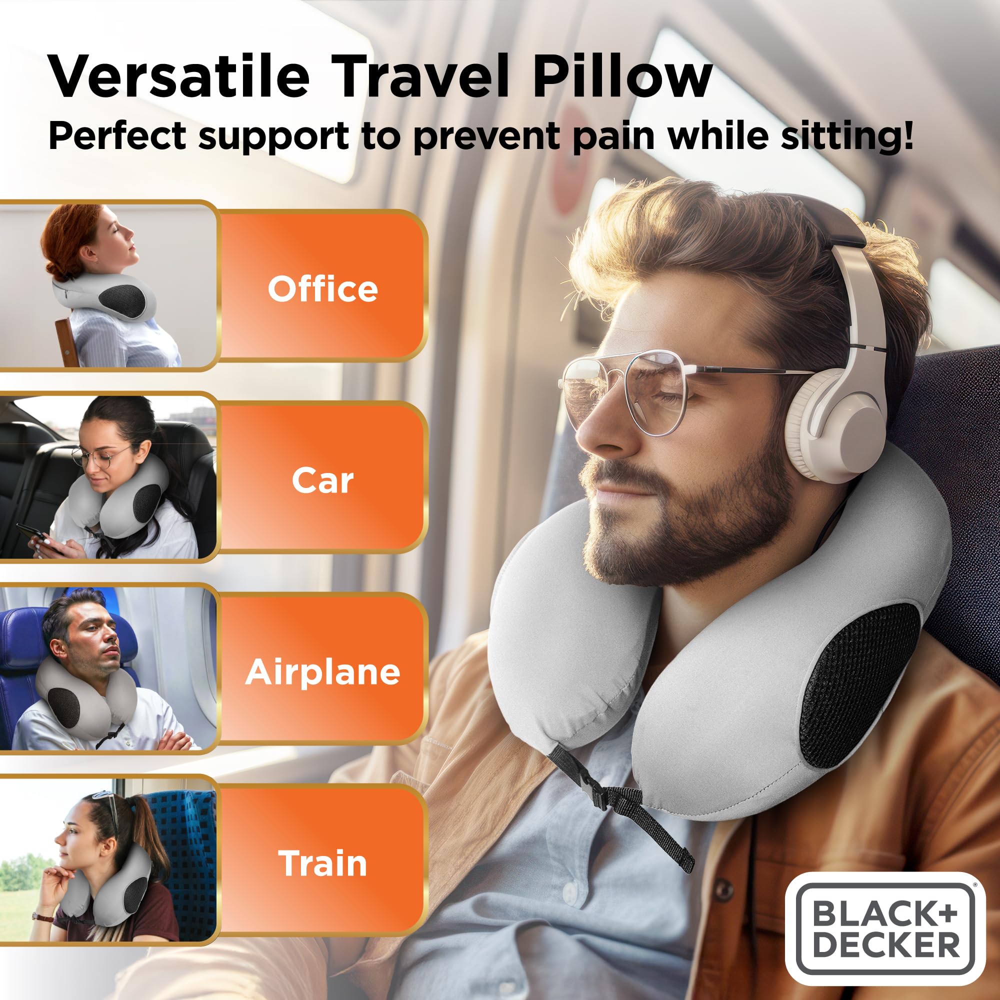 BLACK+DECKER Reise-Nackenkissen aus Memory-Schaum, Reisekissen für Flugzeug, Auto und Zug, Kühlstoff, Eisseide, ergonomisches Design, Nackenstütze, waschbarer Bezug, Grau
