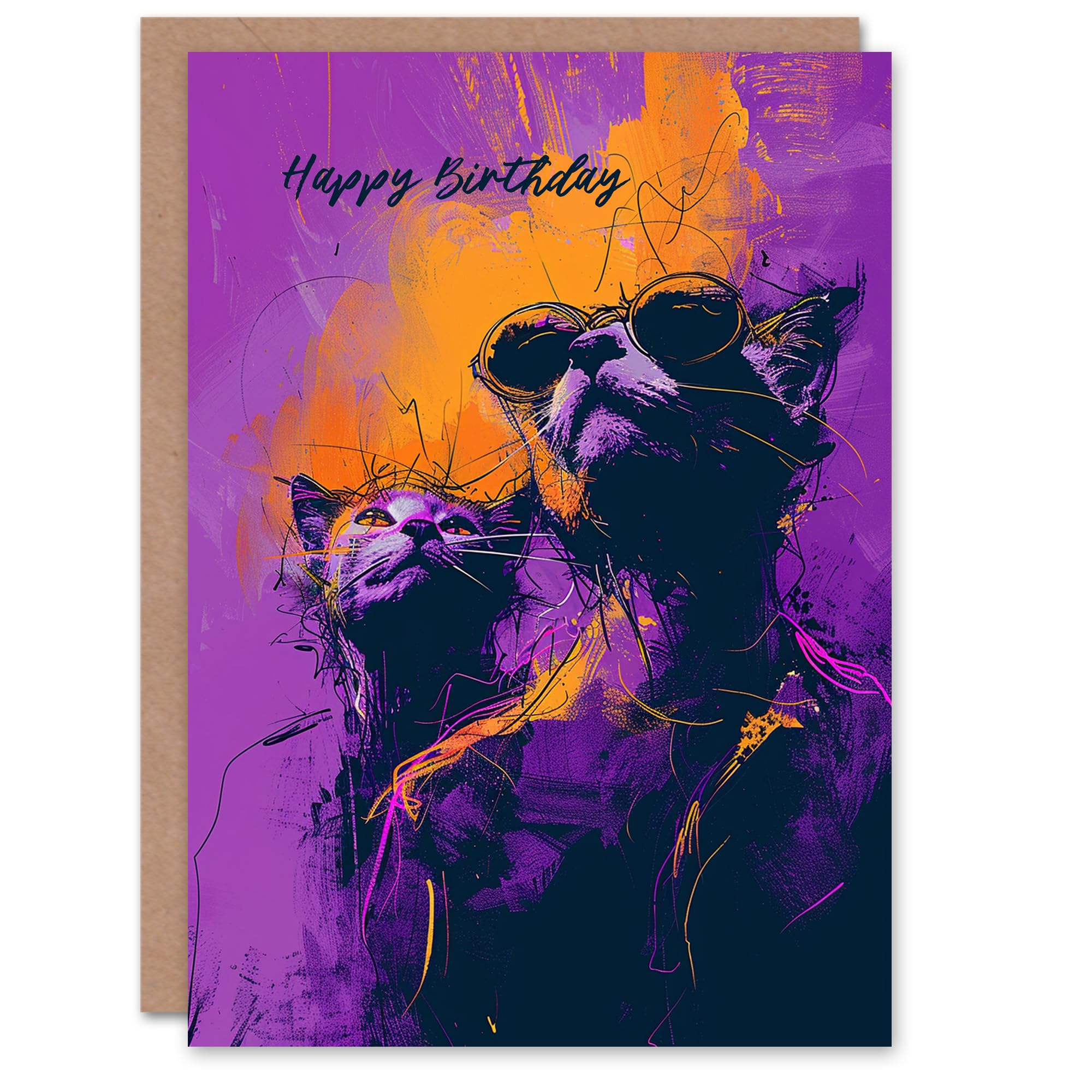 Artery8 Birthday Card Street Cats Lover Sunglasses Purple Orange Design For Him Man Male Dad Brother Son Papa Grandad Greeting Card