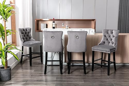 Miniatura 8 de LZ LEISURE ZONE Juego de 2 taburetes de bar de altura de mostrador, sillas de comedor tapizadas de terciopelo con ribete de cabeza de clavo, patas