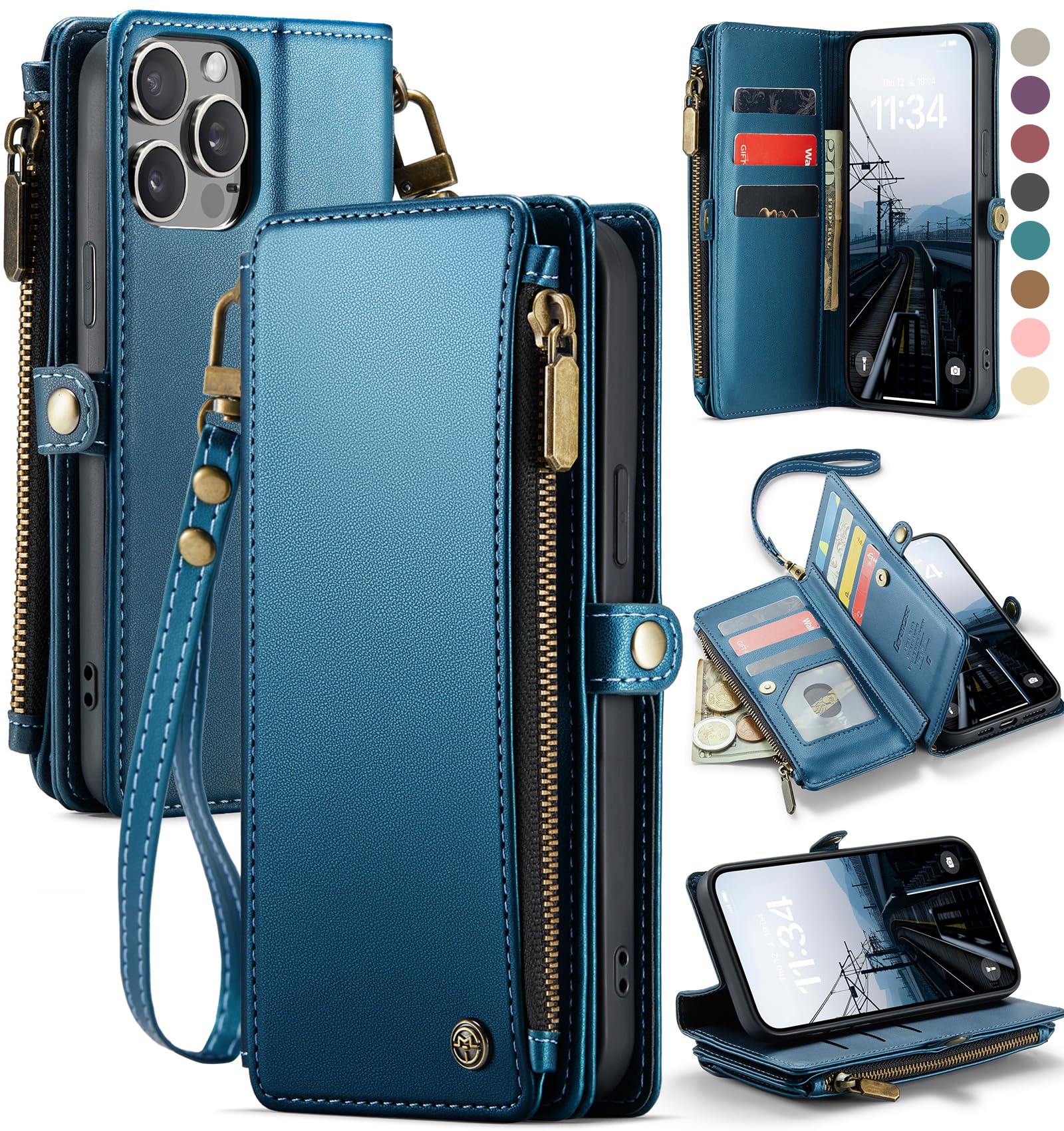Defencase for iPhone 13 Pro Max Wallet Case with RFID Card Holder, DarkBlue | Durable Soft PU Leather, with Zipper Pocket, Wrist Strap, Fashion Snap