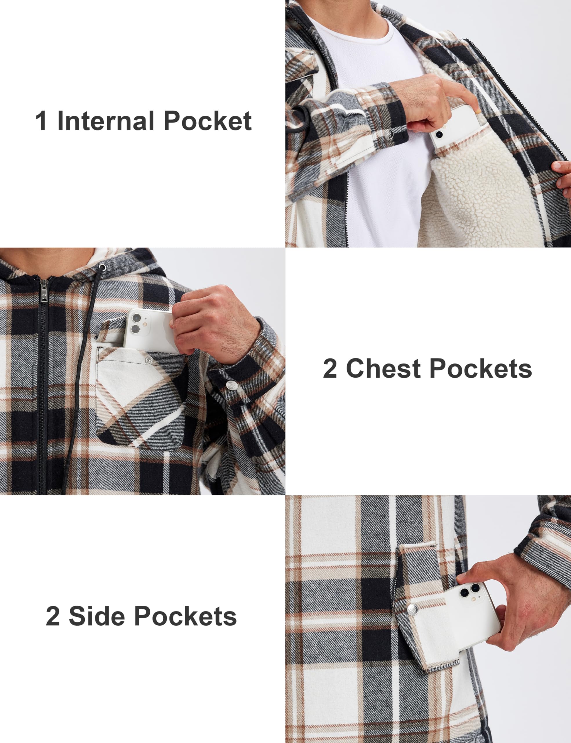 MoFiz Herren Karierts Flanellhemd Gefüttert Hemdjacke Thermo Kapuzenhemd Langarm Freizeithemd Baumwolle Reißverschluss Winterjacke Warm Dicke Holzfällerhemd mit Kapuze