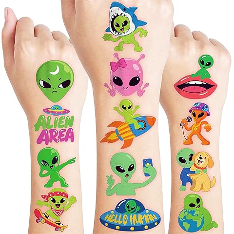 96 PCS Cute Alien Pre-Cut Temporary Tattoos for Kids | Super Cute Alien Space Plane...