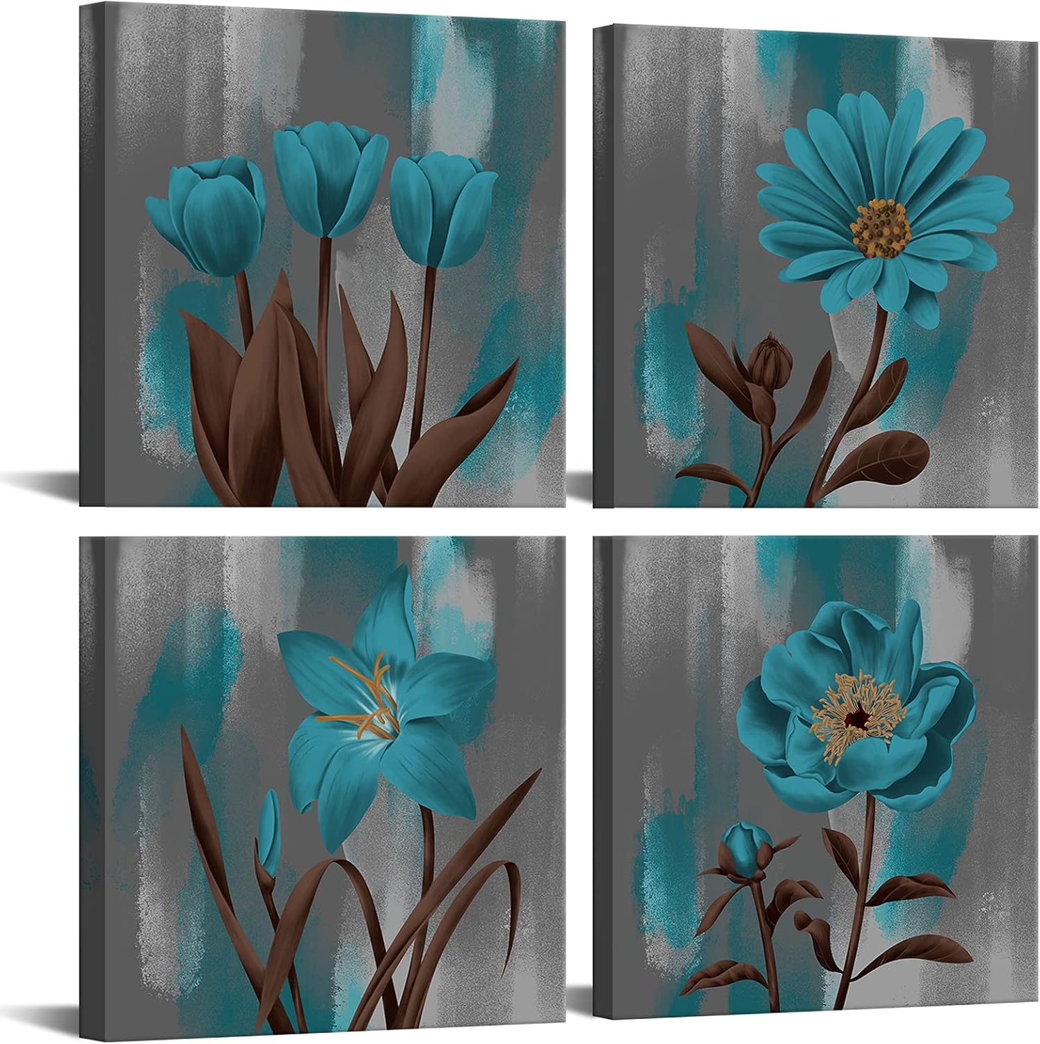 Biuteawal Teal Gray Flower Wall Art Painting Turquoise Blue Floral Picture Print on Canvas 4 Panels Still Life Artwork Home Kitchen Bedroom Bathroom Decor Gift Stretched Ready to Hang