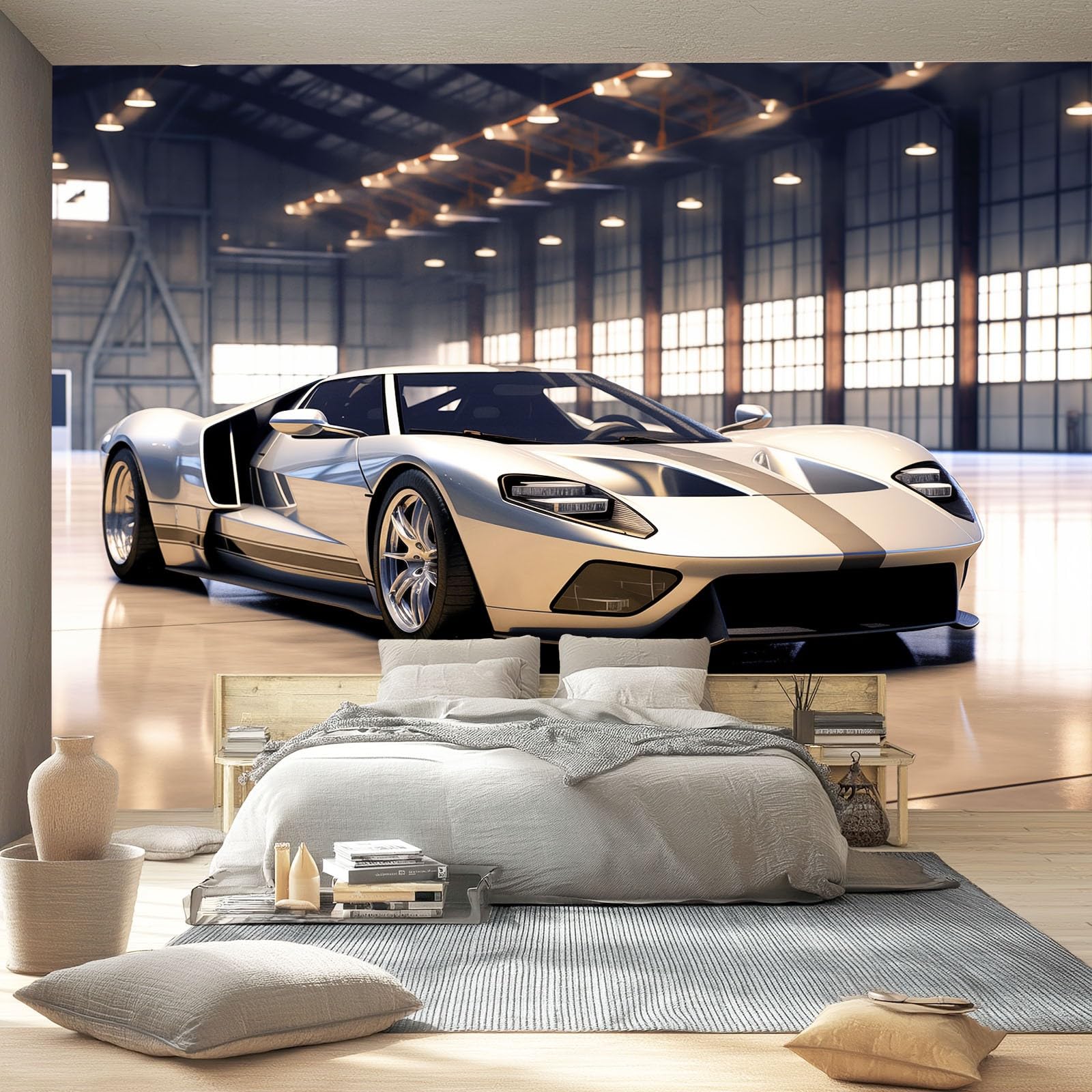 Papel pintado Coche Deportivo 200 x 140 cm, Estilo 3D Moderno Póster fotográfico mural papel pintado moderno decoración de pared sala de estar dormitorio oficina habitación infantil, Plateado