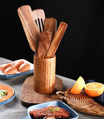 Miniatura 7 de Kit de 5 cucharas de madera para cocinar, utensilios de cocina duraderos de madera de acacia, mango largo para utensilios de cocina antiadherentes,