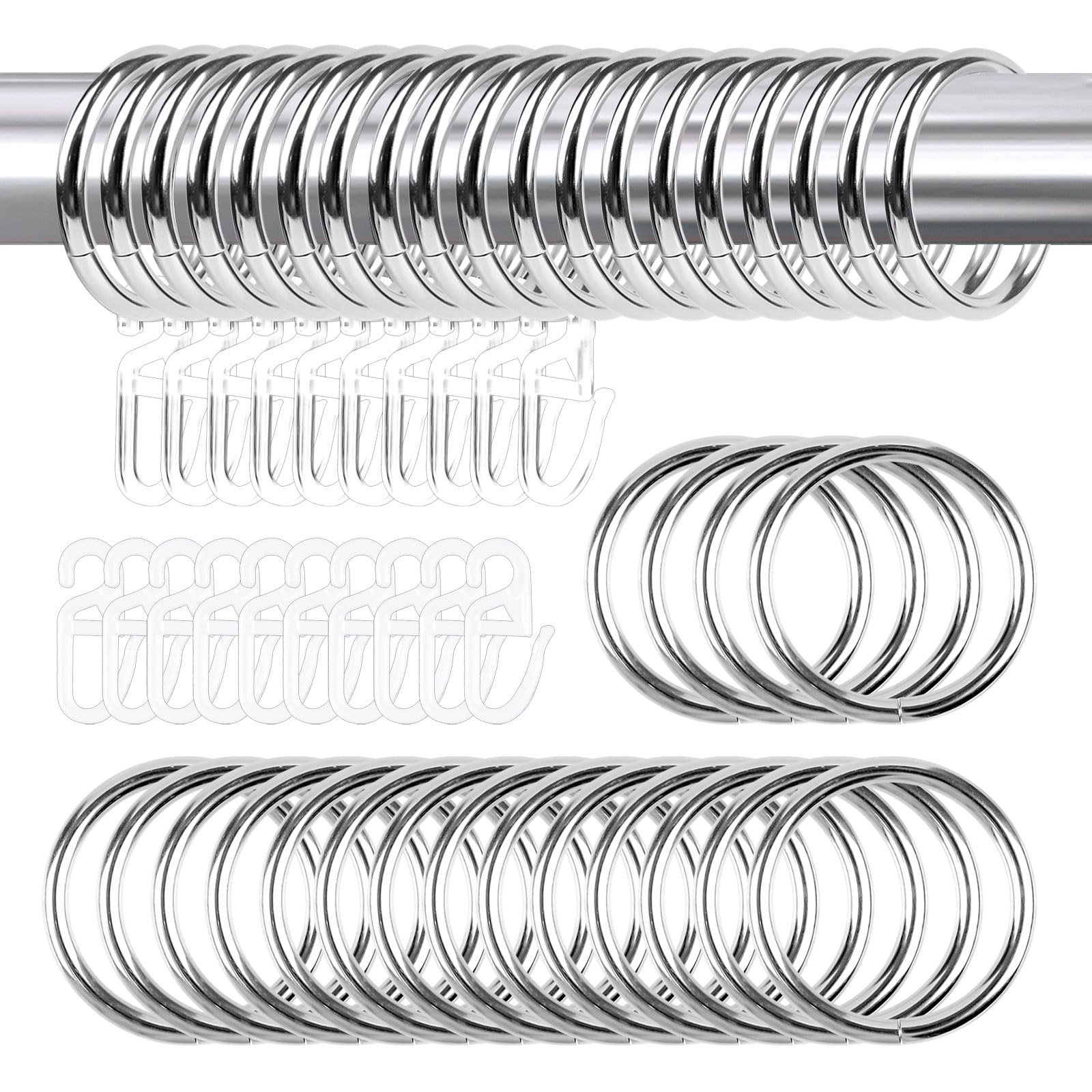 Curtain Rings, 24 Set Metal Curtain Rings and Hooks, Silver Curtain Pole Rings, Curtain Hanging Rings for Window Rods, Shower Curtains, Decorative Drapery (30mm Internal Diameter)