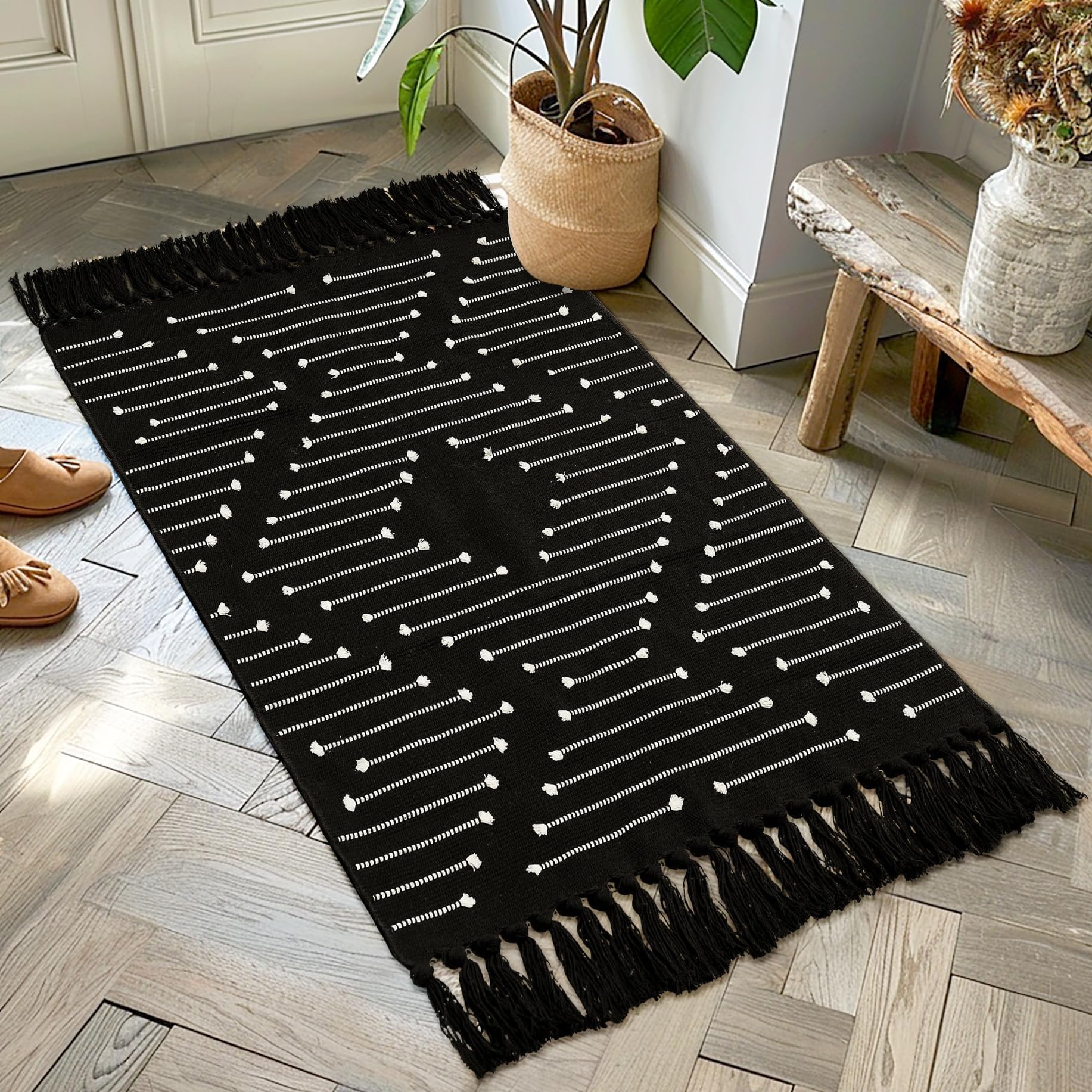 Tritard Boho Kitchen Runner Rug 2x4.3 Thin Woven Cotton Hallway Rugs with Tassels Washable Aztec Carpet Farmhouse Bathroom Area Rug Front Porch Bath