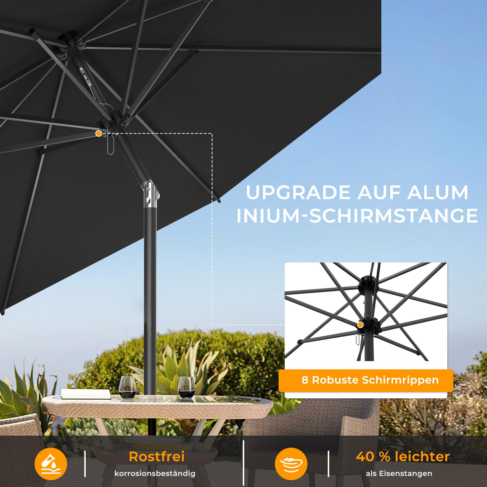 HOMEDEMO Aluminum Sonnenschirm Gartenschirm mit Kurbel, Marktschirm Terrassenschirm,Ø 300 cm, Tischschirm für Terrasse, Garten, Balkon, Pool, patio umbrella Anthrazit，Schutz 50+ Neigbar