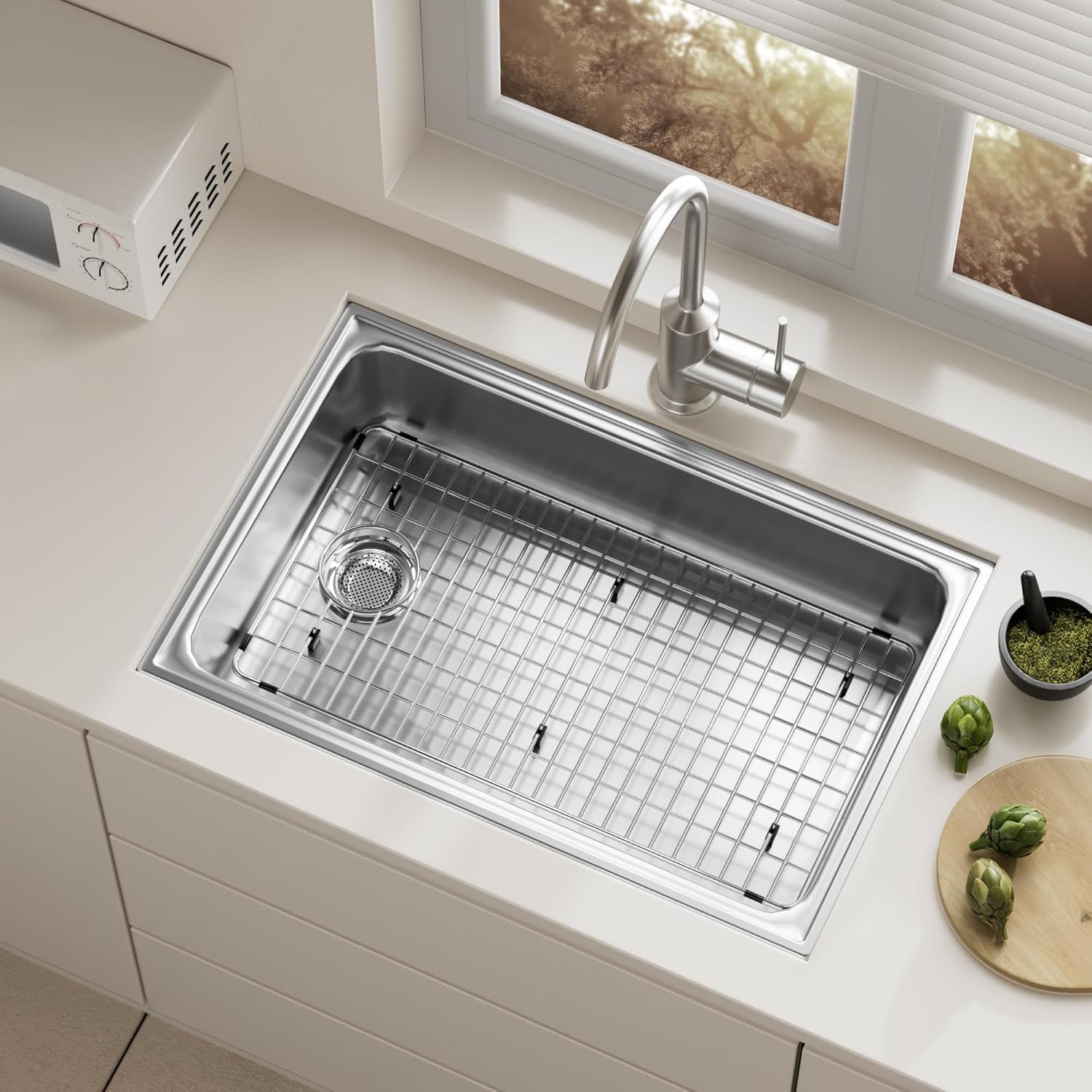 Large Sink Protector for Kitchen Sink,Stainless Steel Sink Rack 28.8" X 14.8",Sink Grate with Side Drain(Left or Right Both OK),Metal Sink Grid for Bottom of Sink for Single Bowl,1 Pack