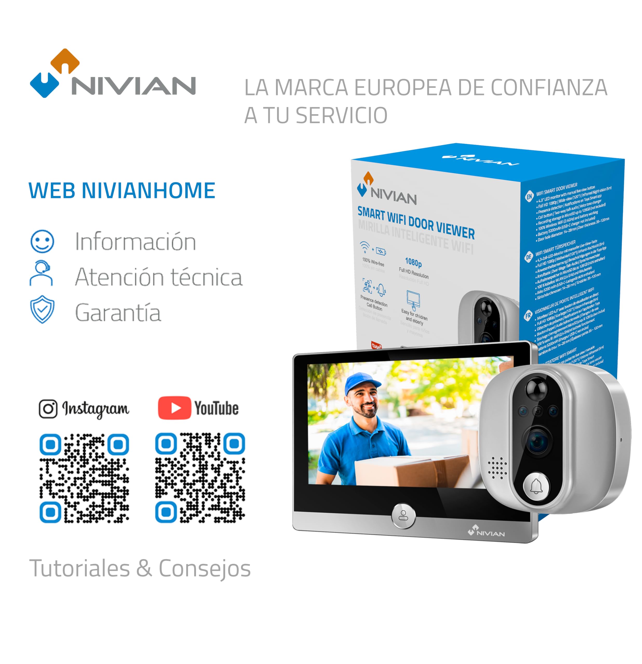 NIVIAN Mirilla Digital WiFi - Cámara vídeo Full HD con Batería y Timbre, Audio Bidireccional, Detección PIR y Visión Nocturna | App y Control por Smartphone