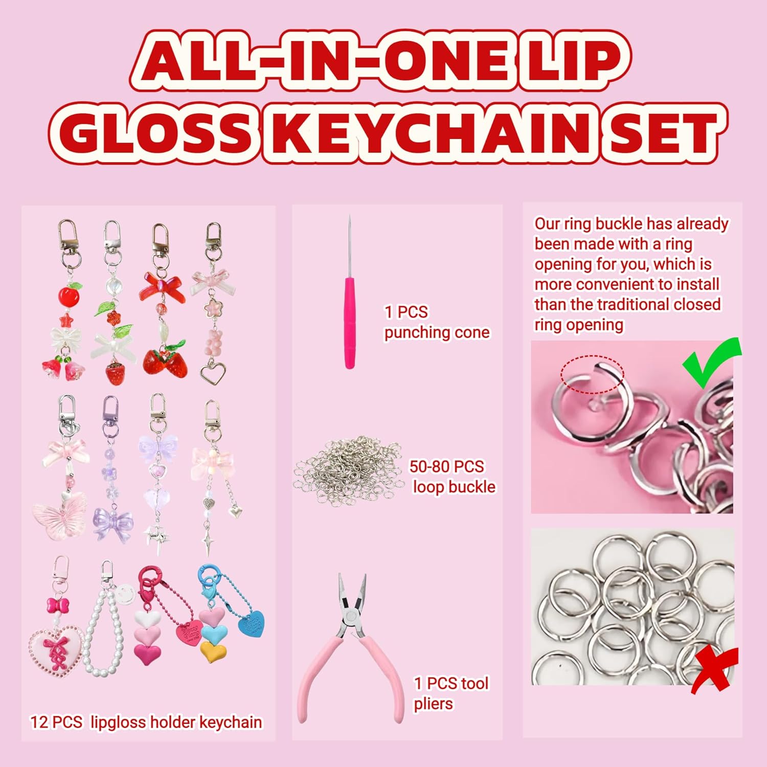 12 Pack Finished Lip Gloss Keychain Holders for Women – Cute Lip Balm Keychain Bulk with Charms, Heart shape,Strawberry Butterfly Bow Design, Lip Gloss Holder Keychain for Purse or Keys Accessories - Image 3
