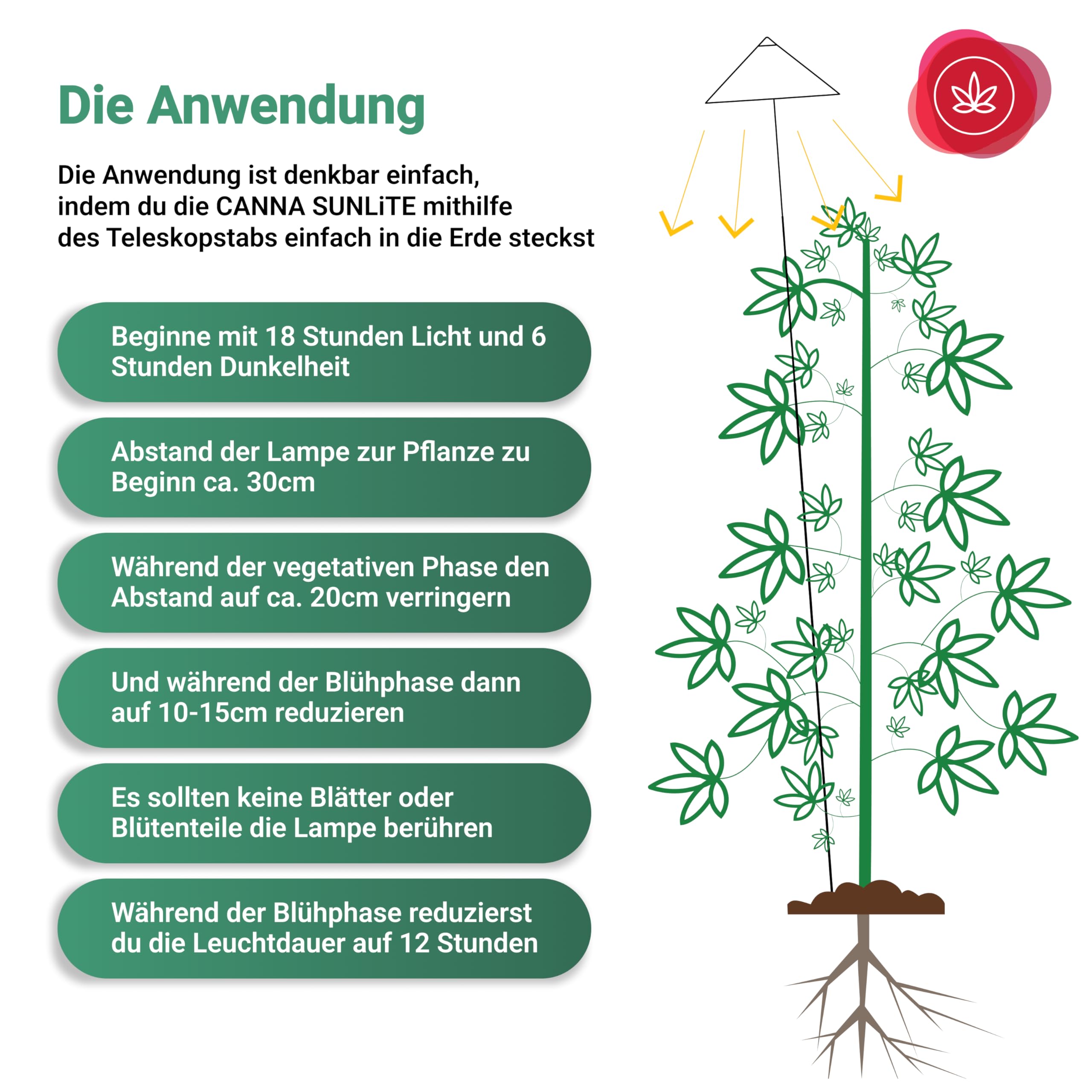 VENSO LED Pflanzenlampe Vollspektrum CANNA SUNLiTE, 30W Parus Grow Light, Ausziehbarer Teleskopstab bis 170cm, Ideal für 1-2 Cannabis Pflanzen, Indoor Anzucht, 4000K, IP54, EU-Stecker