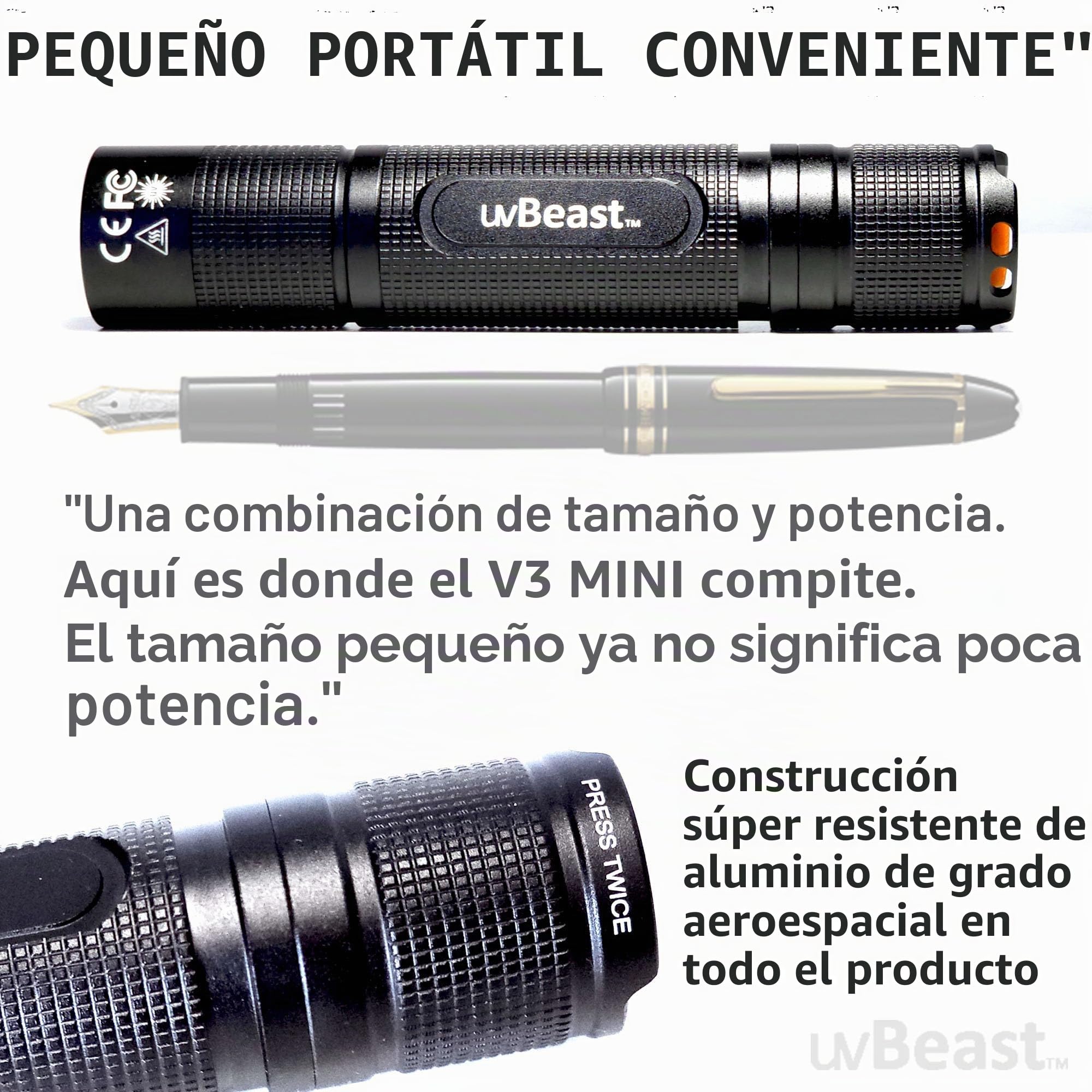 uvBeast Nueva V3 365nm MINI - Linterna UV de luz negra - Ultravioleta pura de alta definición - Grado profesional de alta potencia mejorada 5 núcleos UV LED - Stock de EE. UU