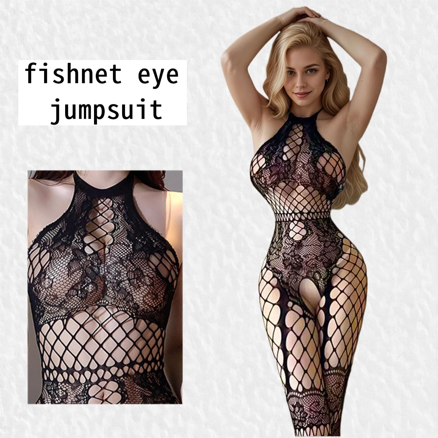 Women's Lace Mesh Bodysuit – One-Piece Stretchy Jumpsuit with Halter Neck, Soft Fishnet Sleepwear, Black