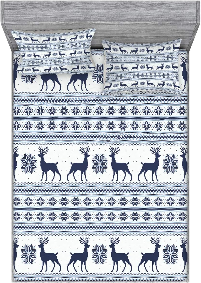 Ambesonne Nordic Fitted Sheet & Pillow Sham Set, Pixel Art Style Christmas Pattern with Reindeer and Snowflake Motifs, Decorative Printed 3 Piece Bedding Decor Set, Queen, Pale Blue Dark Blue