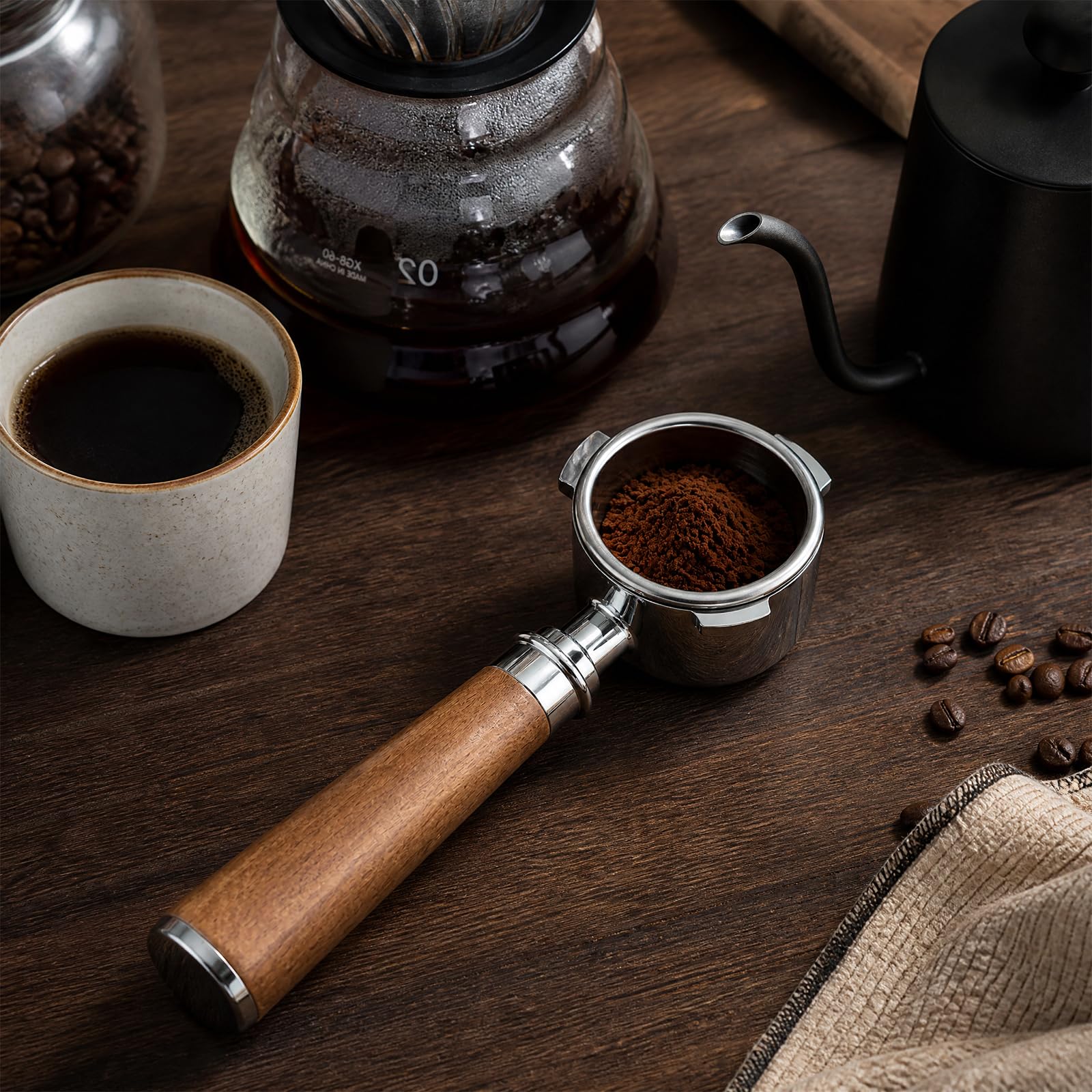 Portafiltro senza fondo, 51 mm, per macchina espresso (legno/legno) | Visualizzazione libera dell'estrazione, cambio senza attrezzi con presa adeguata, comoda maneggevolezza