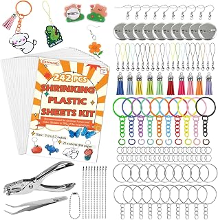 242PCS Shrink Dink Sheets Keychain Kit, with 20 Sheets 7.9"x5.7" Shrink Art Paper, Ear Hooks, Brooches, Colorful Key Rings & Jump Rings, Hole Punch, Tweezers – Ideal for DIY Crafts, Kids & Adults