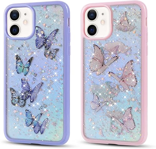 Miniatura 1 de Paquete de 2 fundas transparentes con purpurina para iPhone 11 de Apple, fundas transparentes brillantes con patrón de diseño de mariposa para