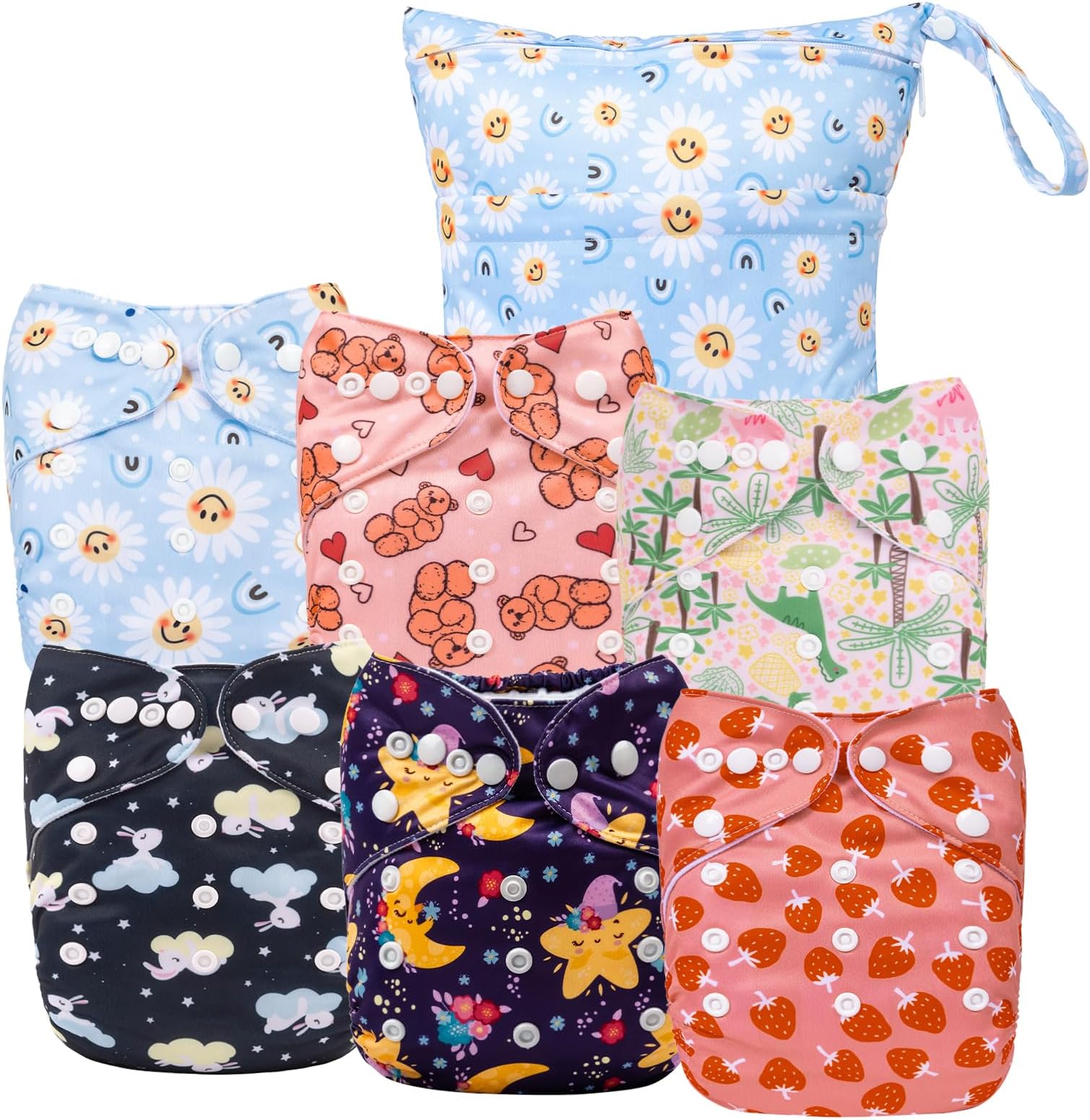 ALVABABY 6pcs Cloth Diaper Covers &1 Wet Dry Bag, Washable Reusable Cloth Diaper Shell for Prefold with Multi-Functional Bag, Flat or Fitted Nappy Inserts